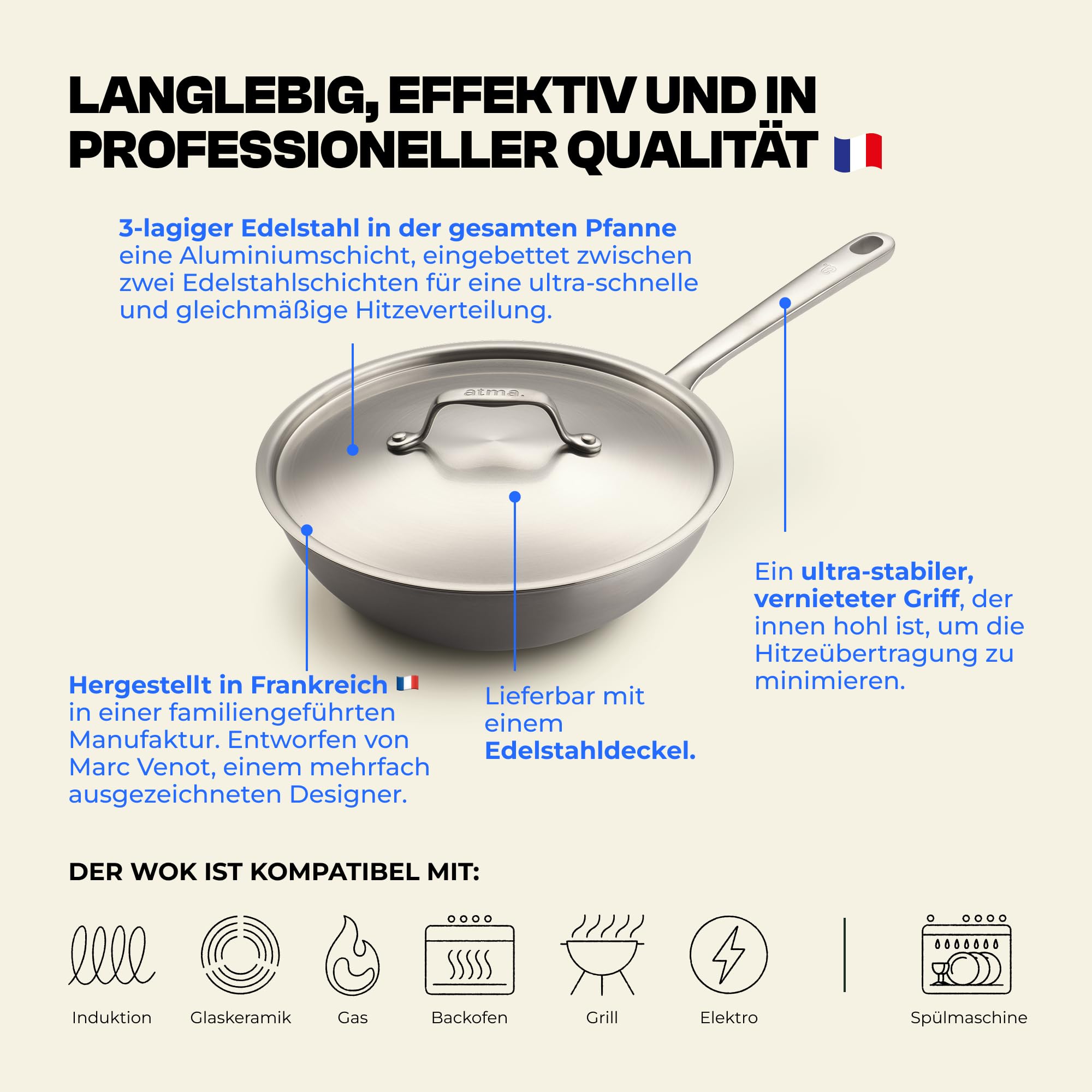 Atma - Wok Edelstahl 24 cm - 3-lagig - mit Deckel - PFAS- & PTFE-frei | Genieteter Griff - Edelstahl 18/10 Ohne Beschichtung & PTFE - Gesundes Garen - Alle Herdarten - Frankreich