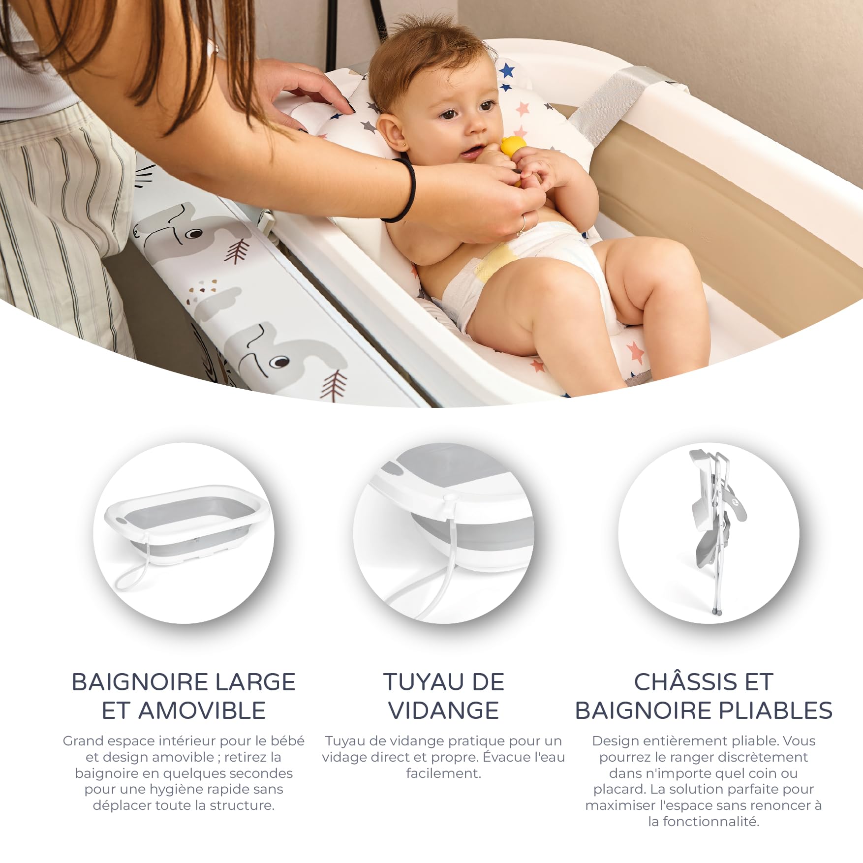 MS BabyWorld - Baignoire haute ZOE + Réducteur | Matelas à langer, coussin réducteur et panier | Confortable et facile à ranger | Avec bouchon et tuyau de vidange, pieds antidérapants, Pliable