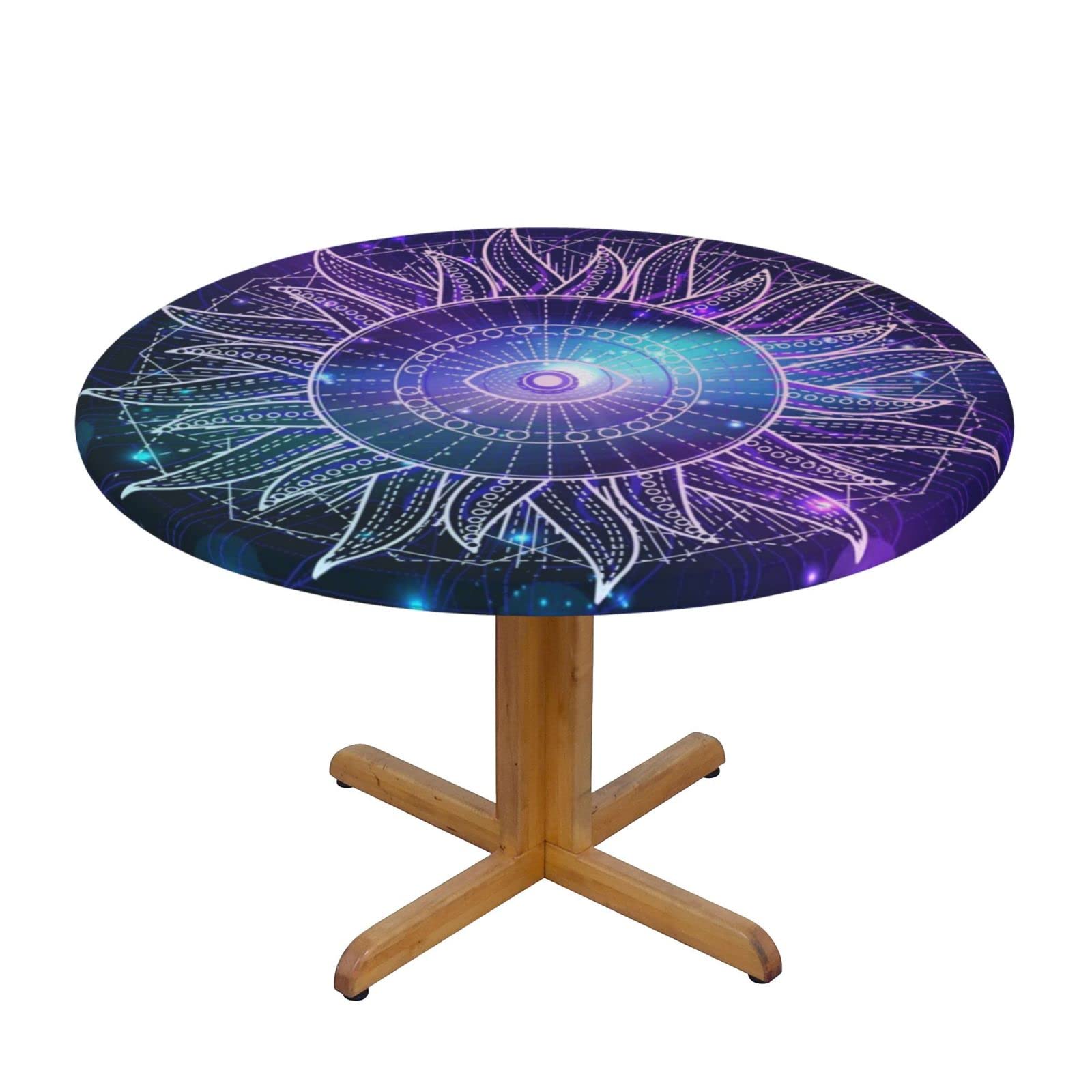 Lsjuee Round Fitted Tablecloth 40-44in Elastic Edged Table Cloth for Kitchen Dining Party Home Decor - Sacred Geometric Space Galaxy Purple