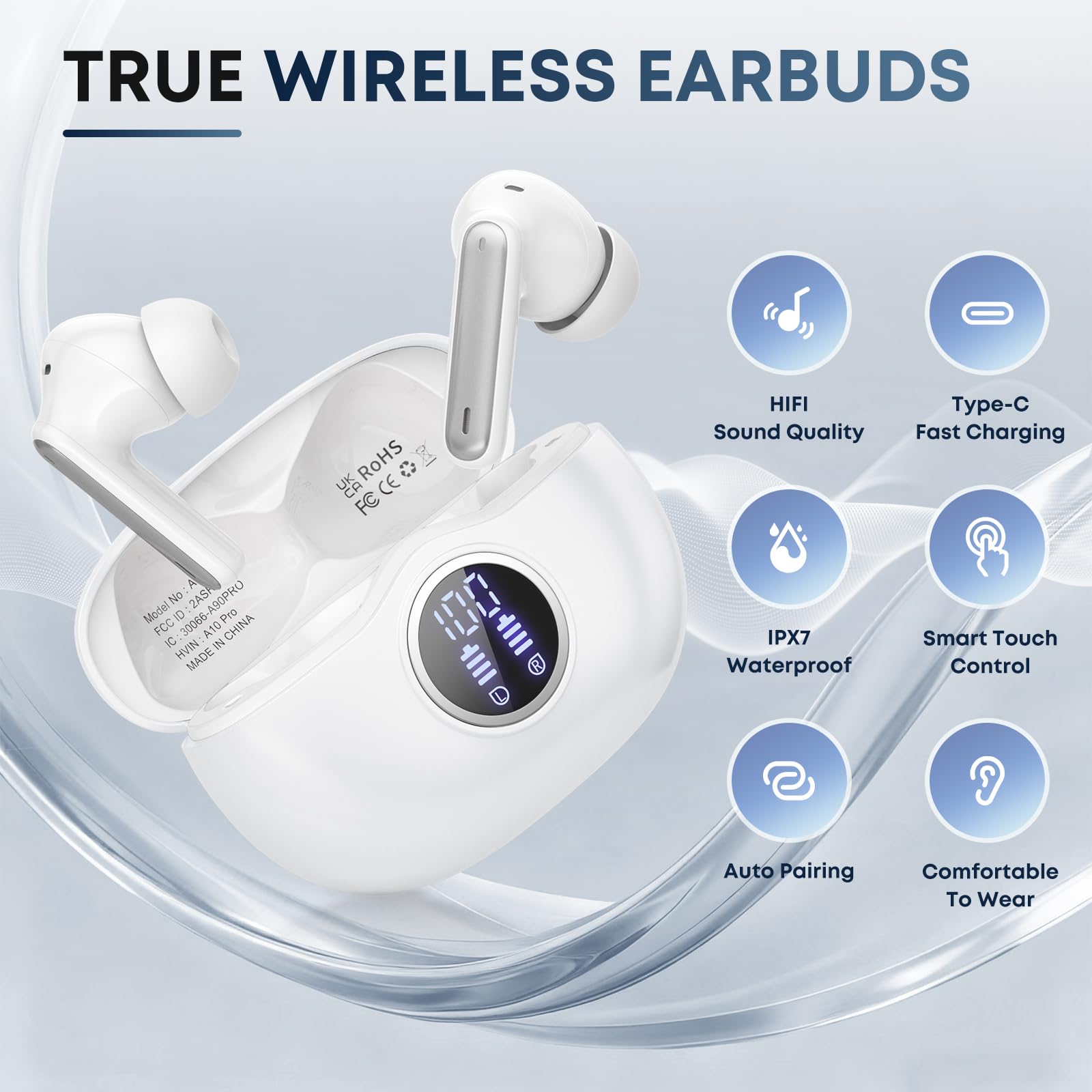 Wireless Earbuds, Bluetooth 5.3 Headphones HiFi Stereo 50H Playback LED Digital Display Ear Buds with ENC Noise Canceling Headset, IPX7 Waterproof Earphones for Gym/Running/Work White - 3