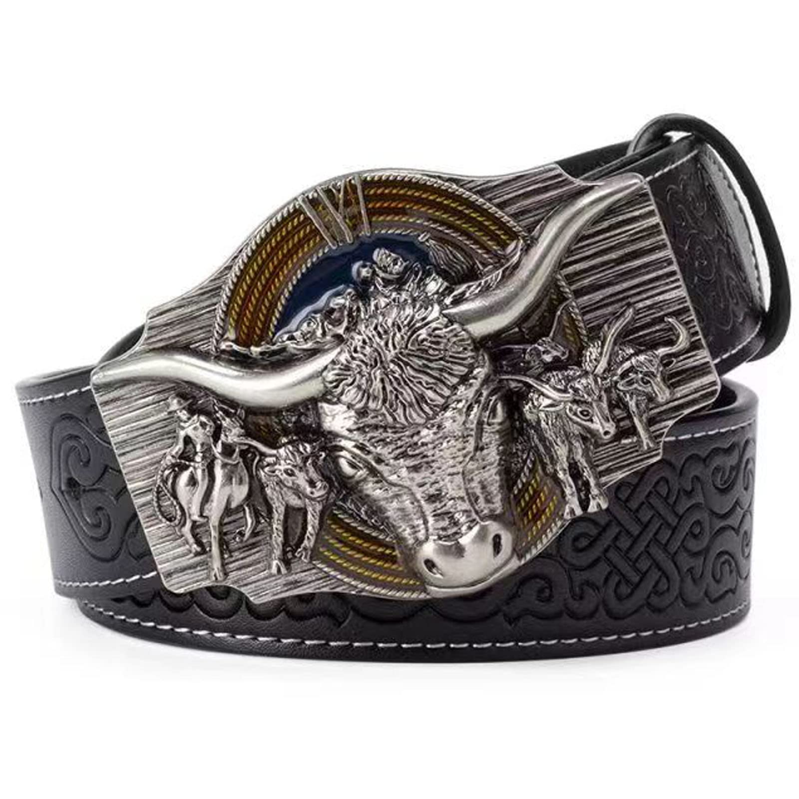 Wrjahcg Unisex Silver Black Belt Western For Cowboy,Vintage Long Horn Bull Rodeo Western Cowboy Belt,,130Cm/51.2''