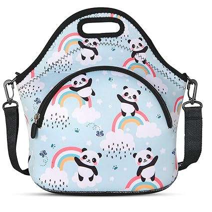 Violet Mist Neoprene Thermal Insulated Lunch Tote Bag Soft Large with Extra Pocket Detachable Adjustable Shoulder Lunchbox Handbags Women Girls (Rainbow Panda)