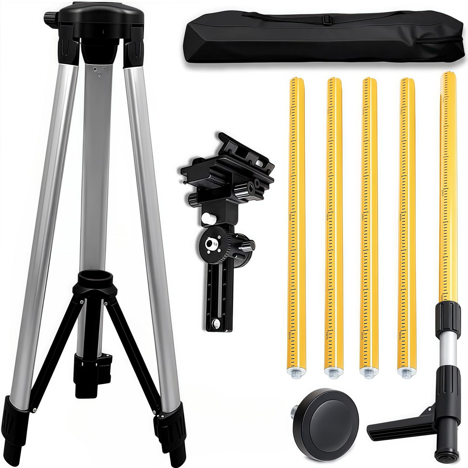 WUDLEP Adjustable Laser Level Pole, Aluminum Alloy Telescopic Pole with Tripod, Extending Up to 12ft, 1/4"-20 Thread and 5/8"-11 Adapter, for Precise Alignment, Yellow