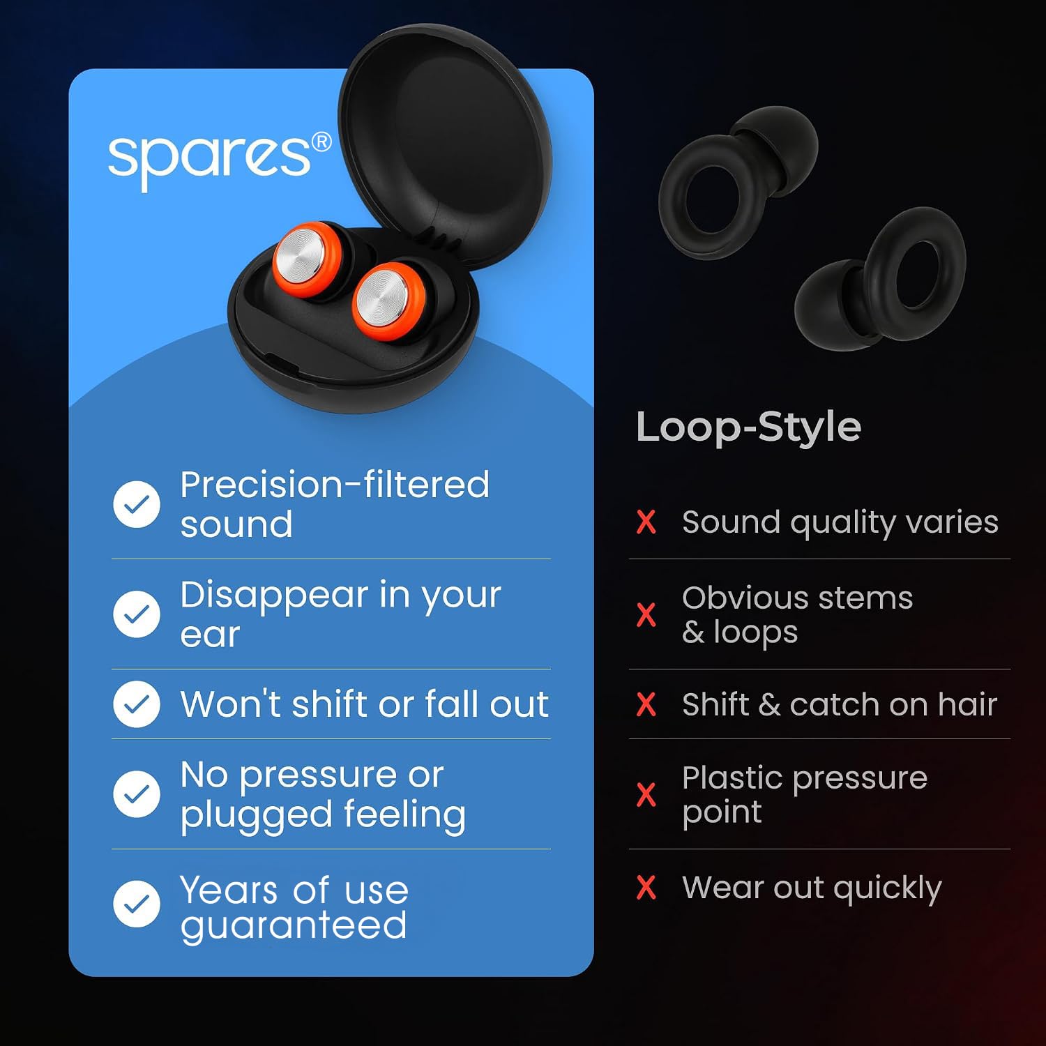 Bouchons d'oreilles en acier inoxydable de qualité professionnelle, haute fidélité. Aspect épuré et discret. Conçu pour une clarté sonore. Réutilisable, lavable et respectueux de l'environnement