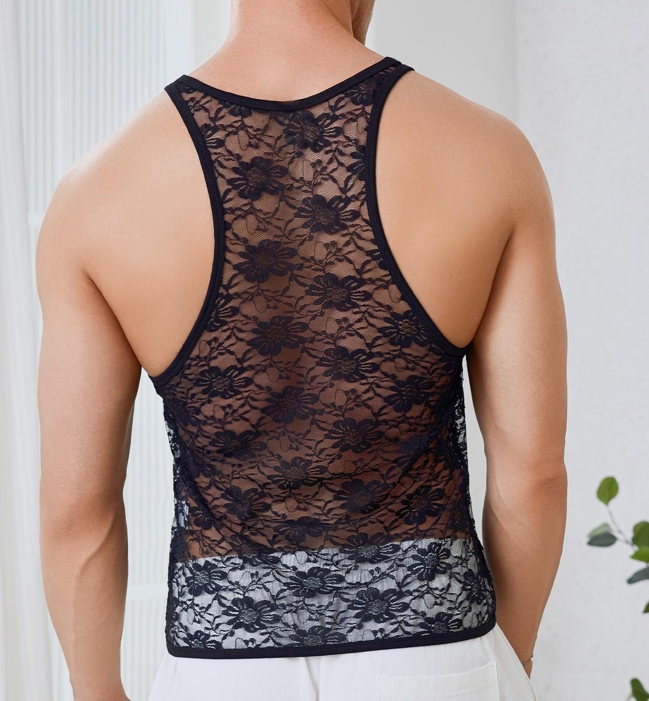 ABAFIP Men's Sheer Lace Tank Top Mesh See Through Sleeveless Muscle Shirt Racer Back Sexy Undershirt Singlet - Image 3
