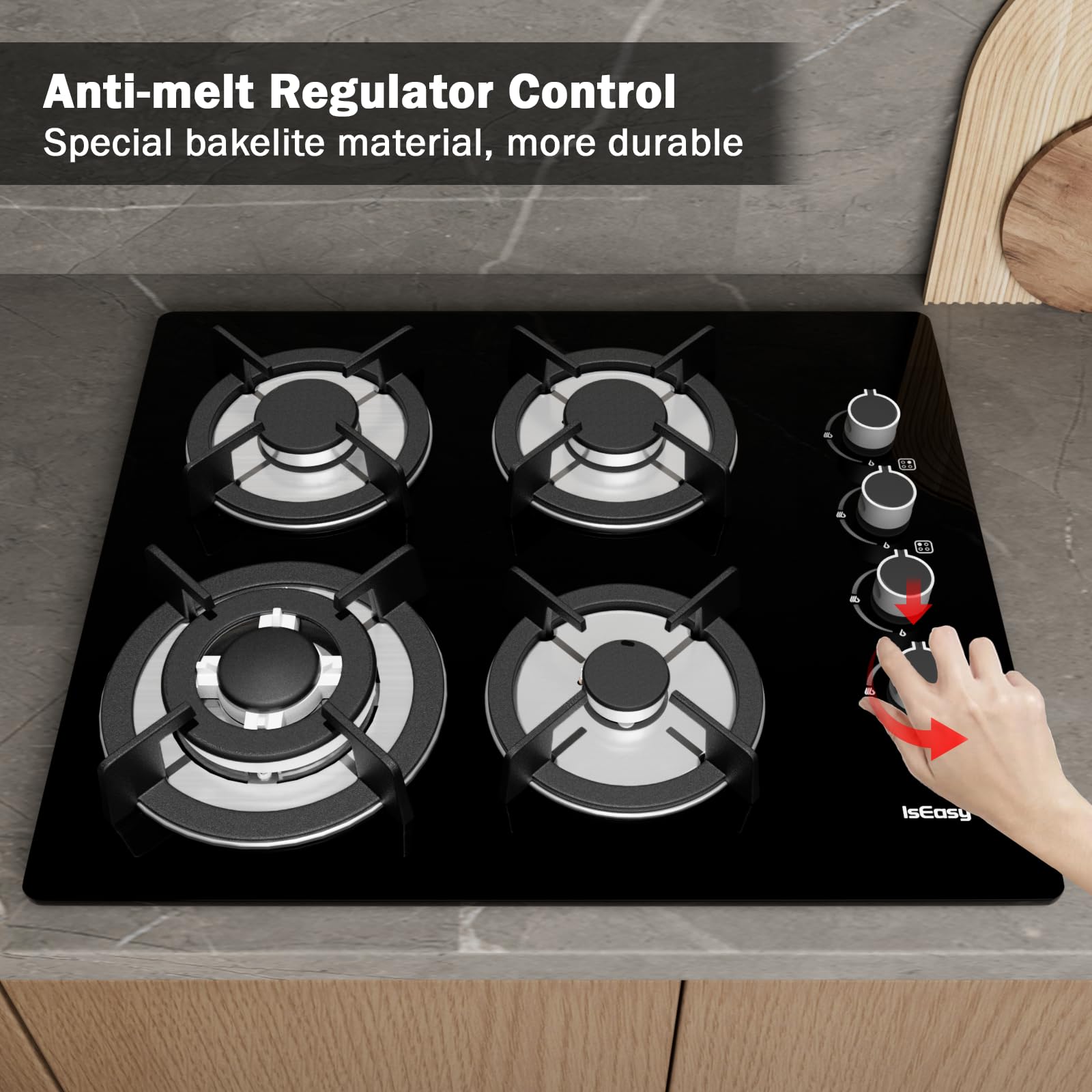 IsEasy Gas Hob 4 Burners - Black Plug in NG/LPG Gas Hob, 7800W 4 Cooking Areas Built in Glass Cooktop Hob 60cm with Cast Iron Pan Support, Thermocouple Protection, Integrated Ignition — view 7