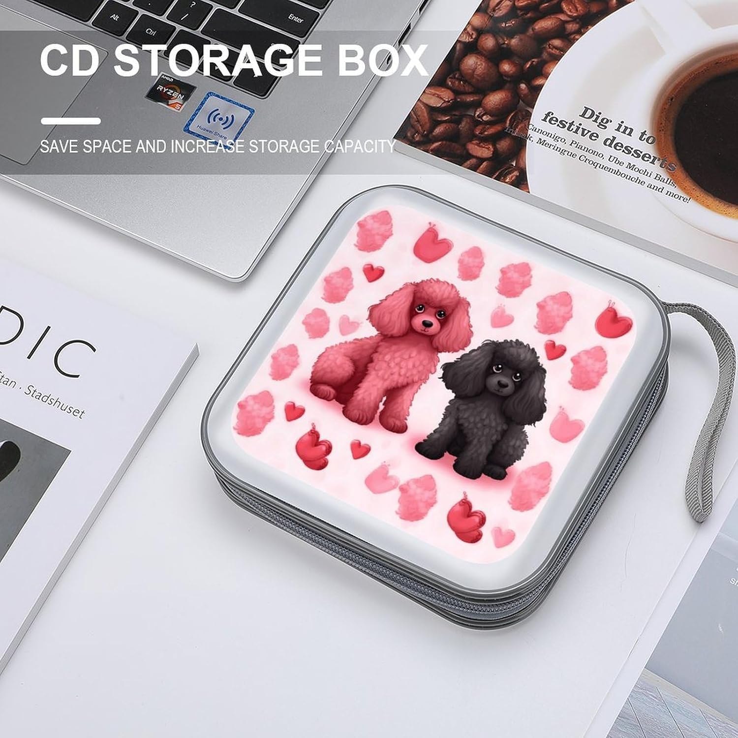 Pink Poodles Dogs CD Case Binder for Travel Car DVD Storage Box with Handles Fashion DVD Storage Case Cover CD Storage Binder for Movie Music Audio Disks 40 Disc Units