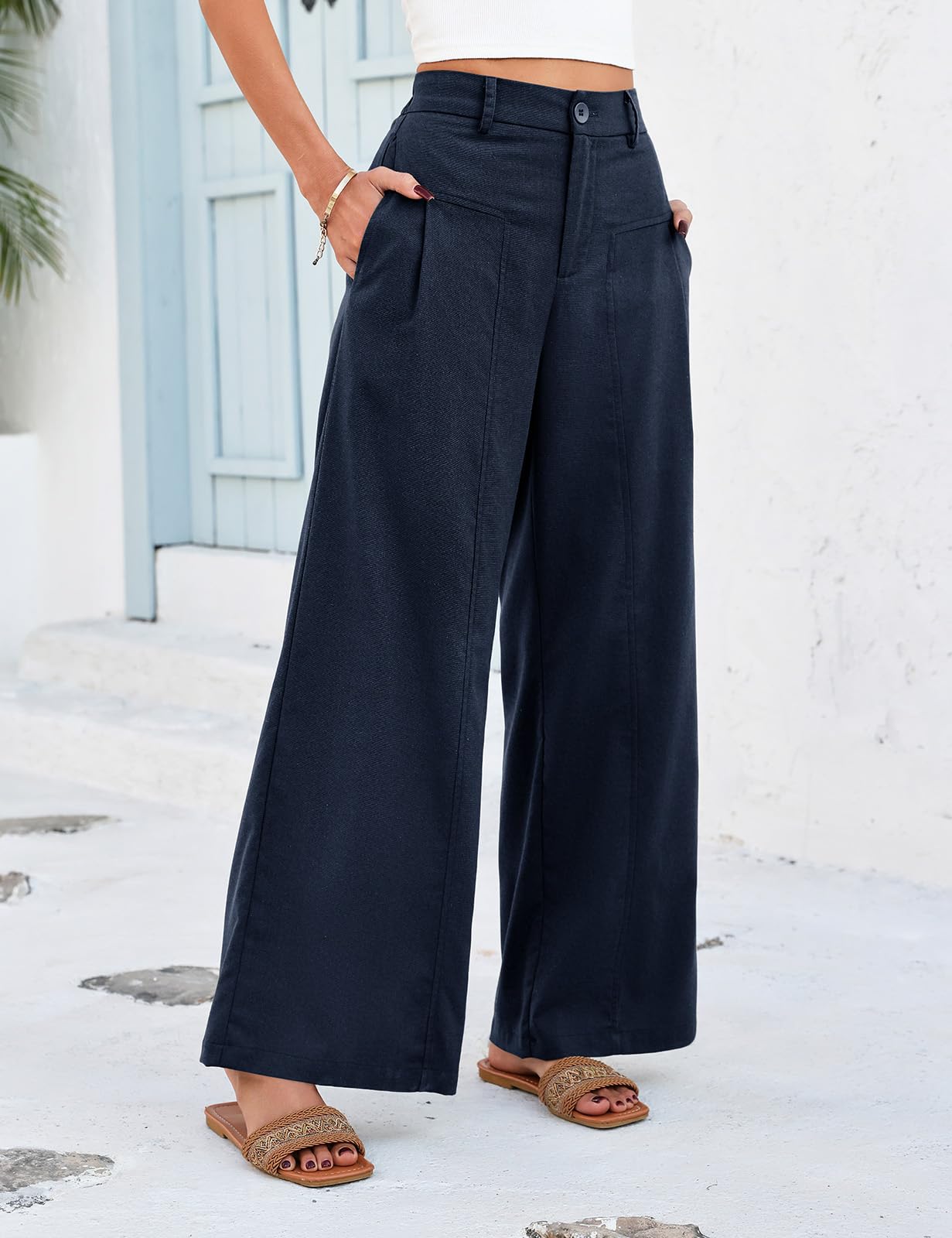 HEEKPEK Pantaloni Lino Donna Estivi Larghi Pantaloni Leggeri Elastico Vita Alta Lunghi Gamba Larga Eleganti Pantalone Bottoni Solido Sciolto Freschi Comodi con Tasche