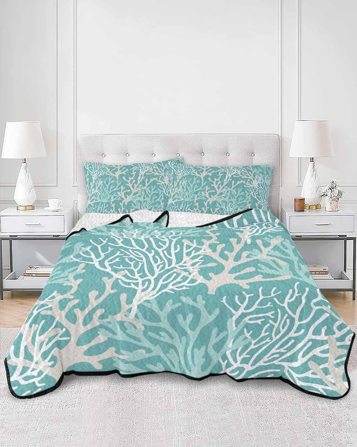 3-Piece Summer Quilt Queen Size, Teal Coral Coastal Lightweight Cooling Bedding Comforter Blanket with 2 Pillow Shams, Ocean Nautical Seaside Beach Bedspreads Quilted Coverlet Sets 90"x 96"