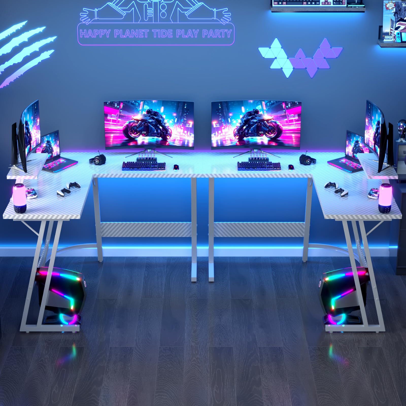JUMMICO Scrivania Angolare, Scrivania Gaming 120x120cm - Tavolo da Gioco a L con Supporto Reversibile per lo Schermo - Versatile (gioco/lavoro/studio) - Rivestita in Carbonio - Bianco