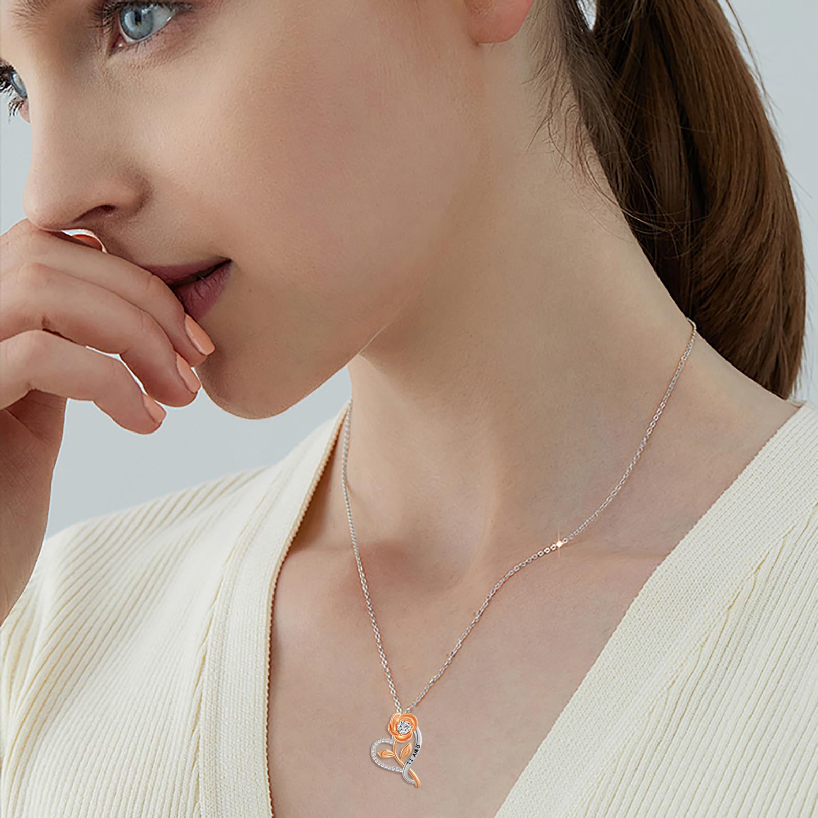 San Valentino Regalo Donna Argento 925 Collane,Rosé Fiore Cuore Ciondolo Collana,Regali Anniversario per Lei Mamma
