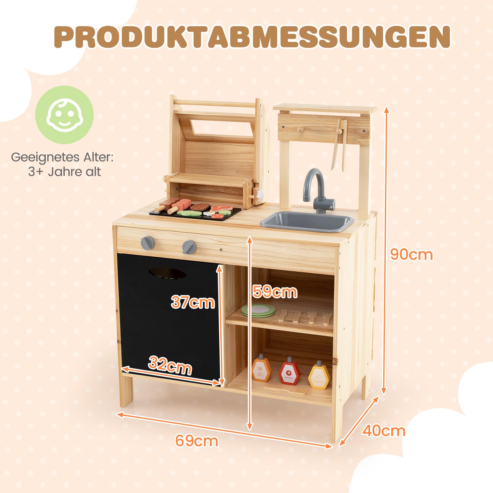 COSTWAY Matschküche Kinder Outdoor, Kindergrill mit Grill-Zubehör, BBQ Grill Spielset mit Tafel & Spülbecken, Spielküche Outdoorküche für Jungen & Mädchen ab 3 Jahren