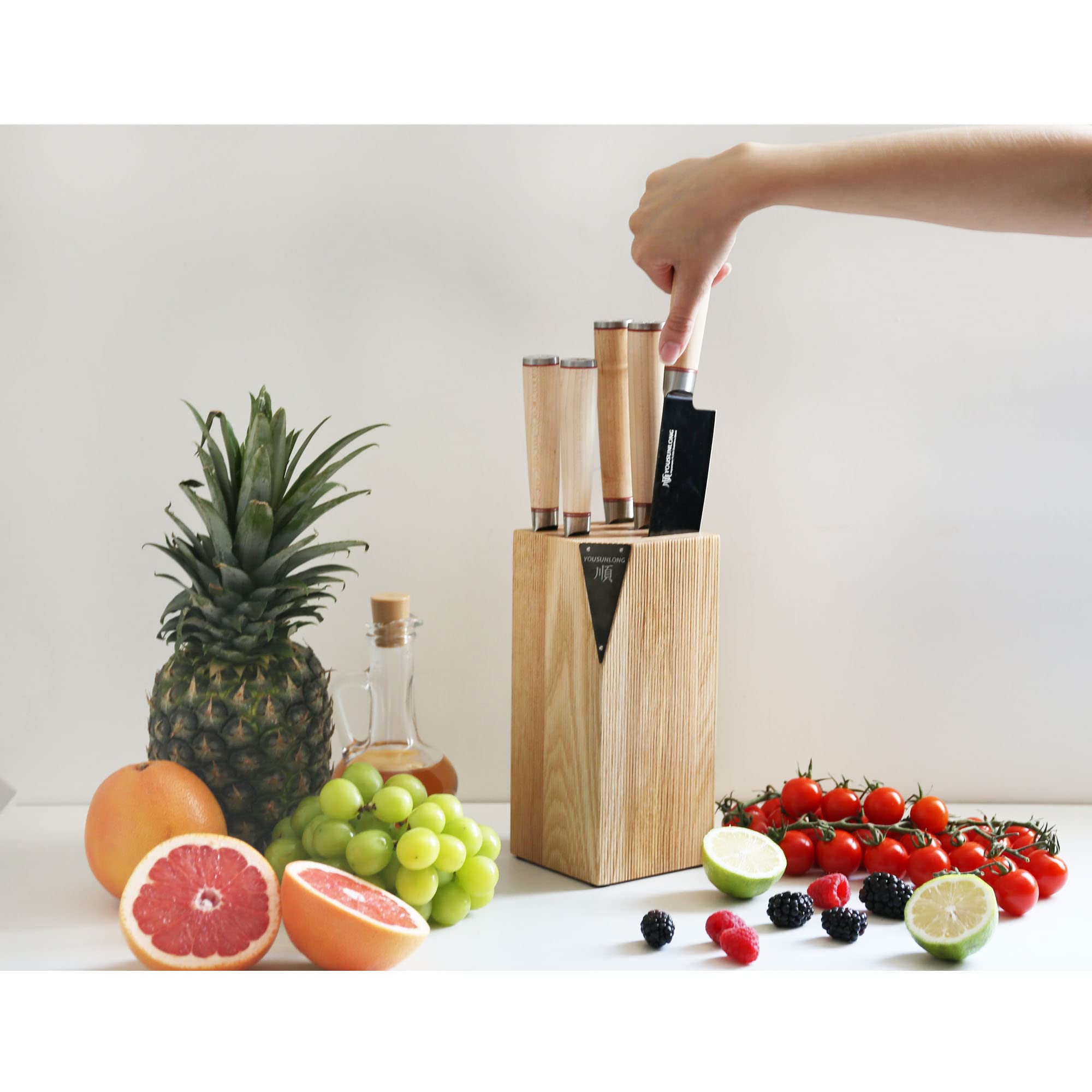 YOUSUNLONG Juego de cuchillos de cocina - 5 piezas - Acero de titanio negro AUS8 japonés - Bloque de cuchillos de madera natural Fraxinus Americana - Mango de arce canadiense