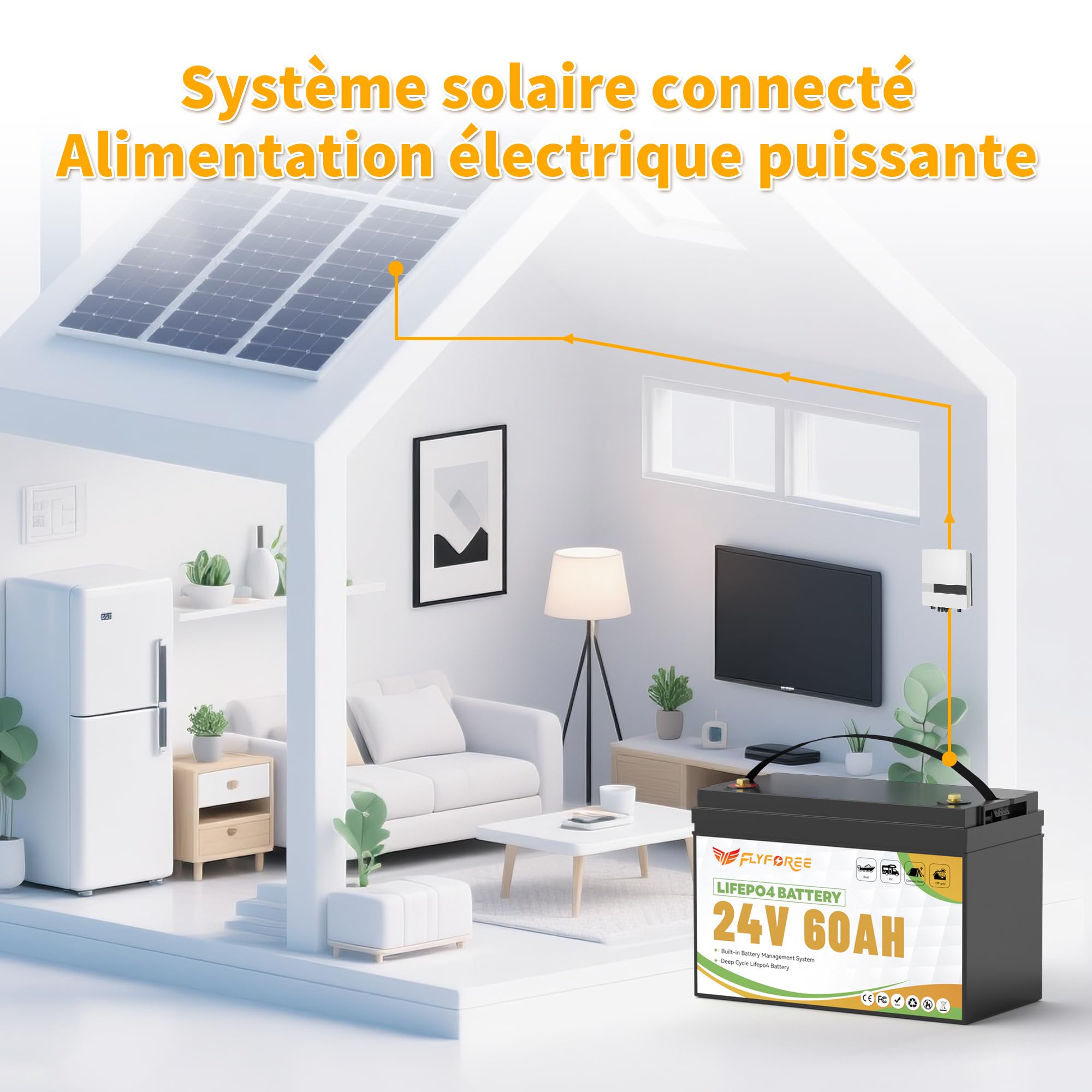 Batterie LiFePO4 24V 60Ah BMS Bluetooth intégré et cellules de grade A, batterie de lithium de cycles profonds de 17500 batteries rechargeables faciles pour RV, bateau, solaire, voiture de golf