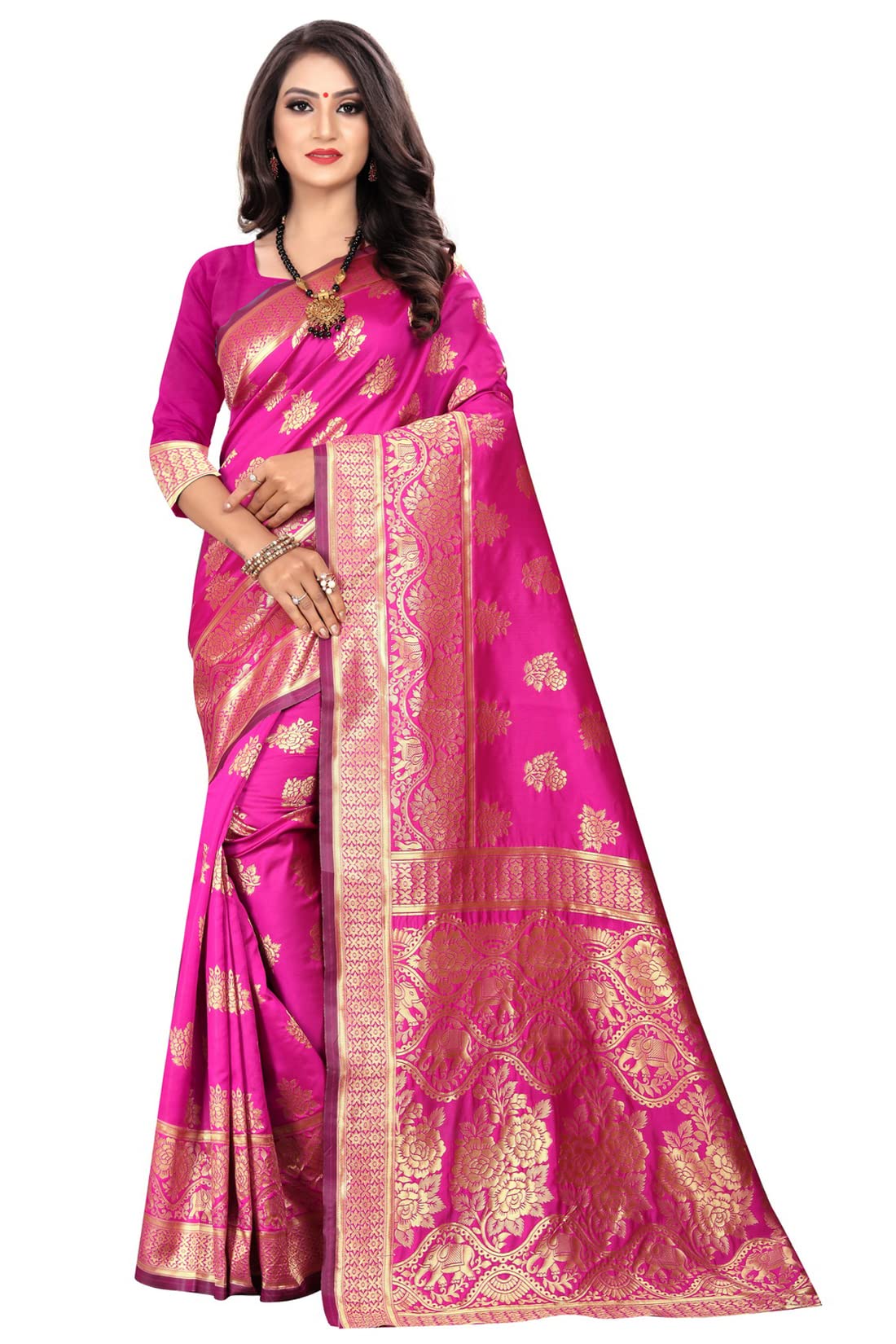 Sugathari Women's Art Silk Rani Pink Kanchipuram Saree (San Pari 63 Rani)