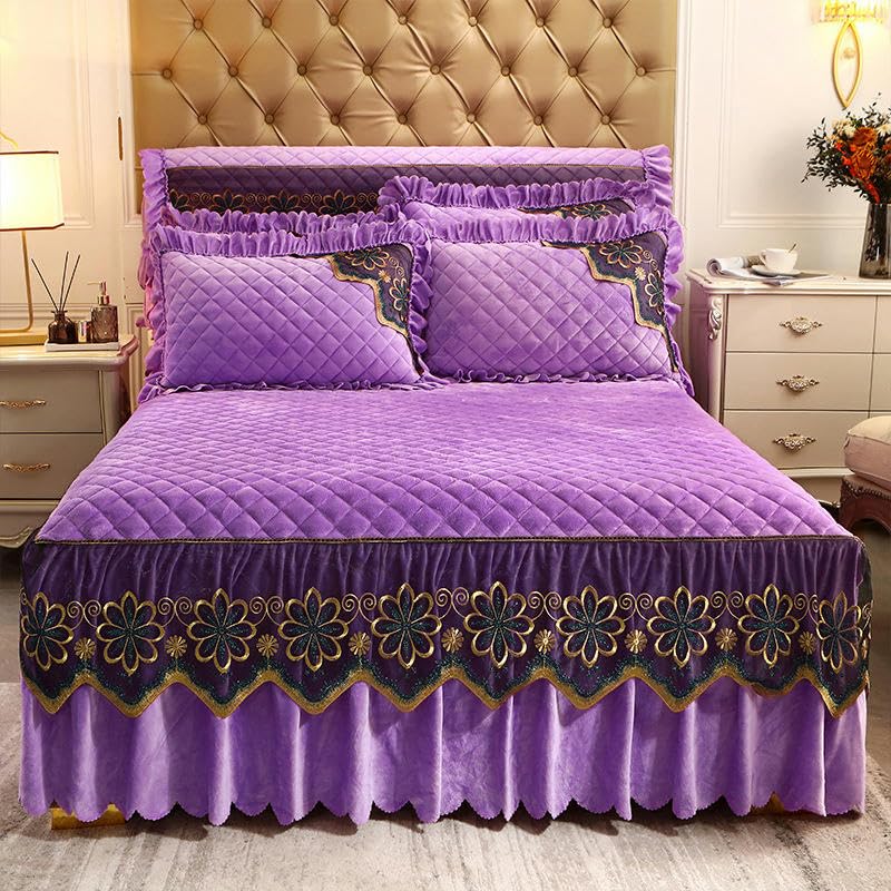 Bed Skirt,Base Valance,Bed Cover, 150-180 * 220CM Gold Embroidery Velvet Fitted Bed Skirts & Valances Mattress Cover Cotton Ruffle Pleated Bed Cover Double Bed Ruffle Skirt ( Color : Purple B05 , Size