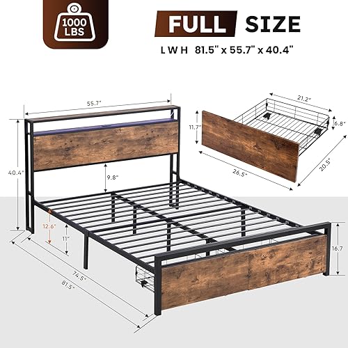 Miniatura 80 de Base de cama de tamaño matrimonial con cabecero, plataforma LED con 4 cajones de almacenamiento, estación de carga integrada, sin ruido, base de