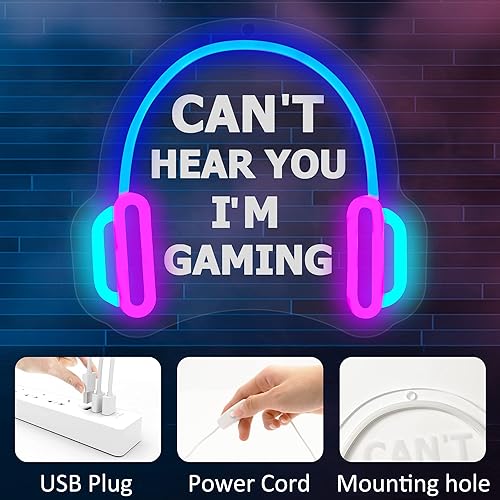 Miniatura 4 de YuanDian Letrero de neón para gamer, Can't Hear You I'm Gaming, luces LED de neón para decoración de pared de sala de juegos, ideas de regalo para