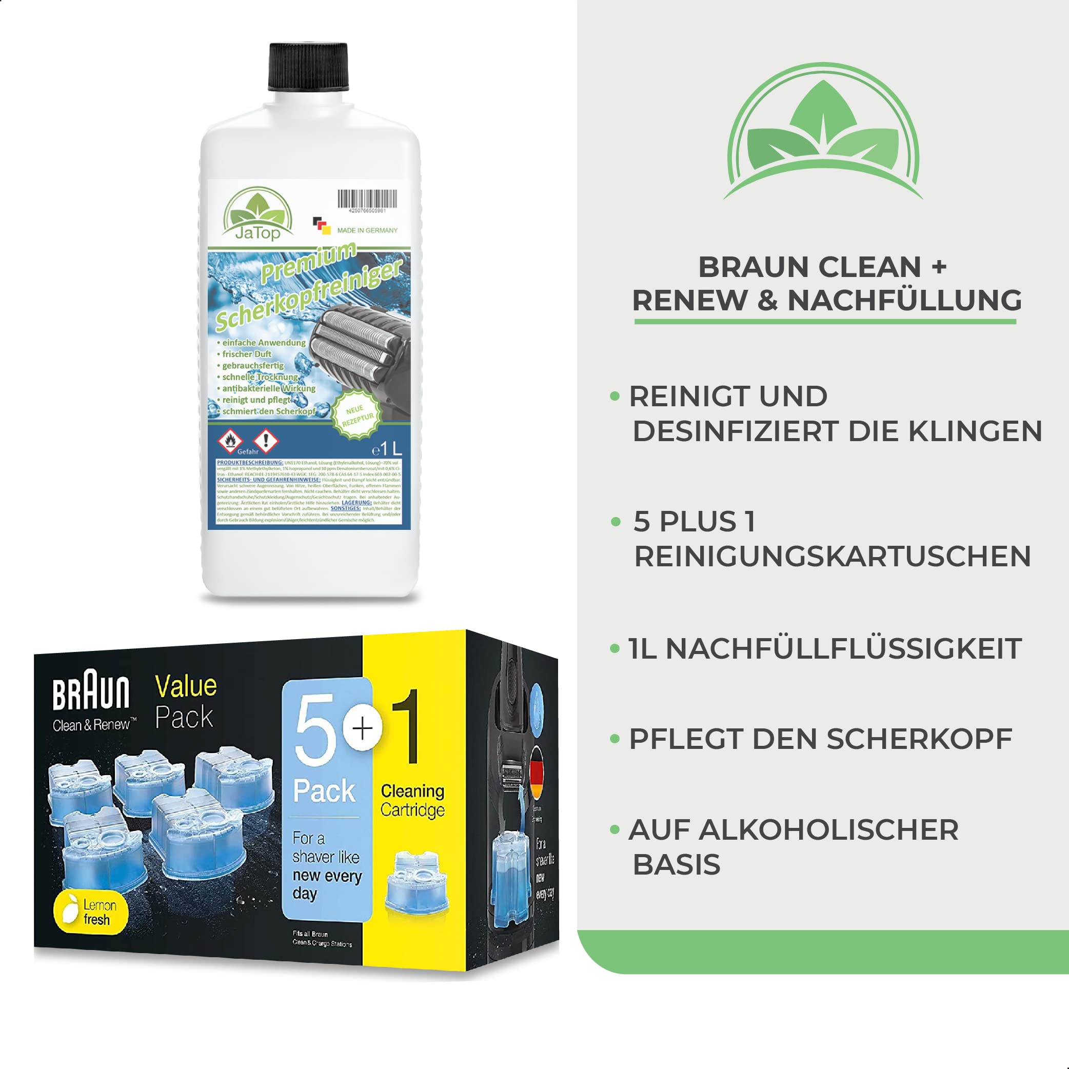 Original Braun Kartuschen Plus JaTop Nachfüllflüssigkeit 1l (6 Originale, versiegelte Kartuschen ohne Karton)