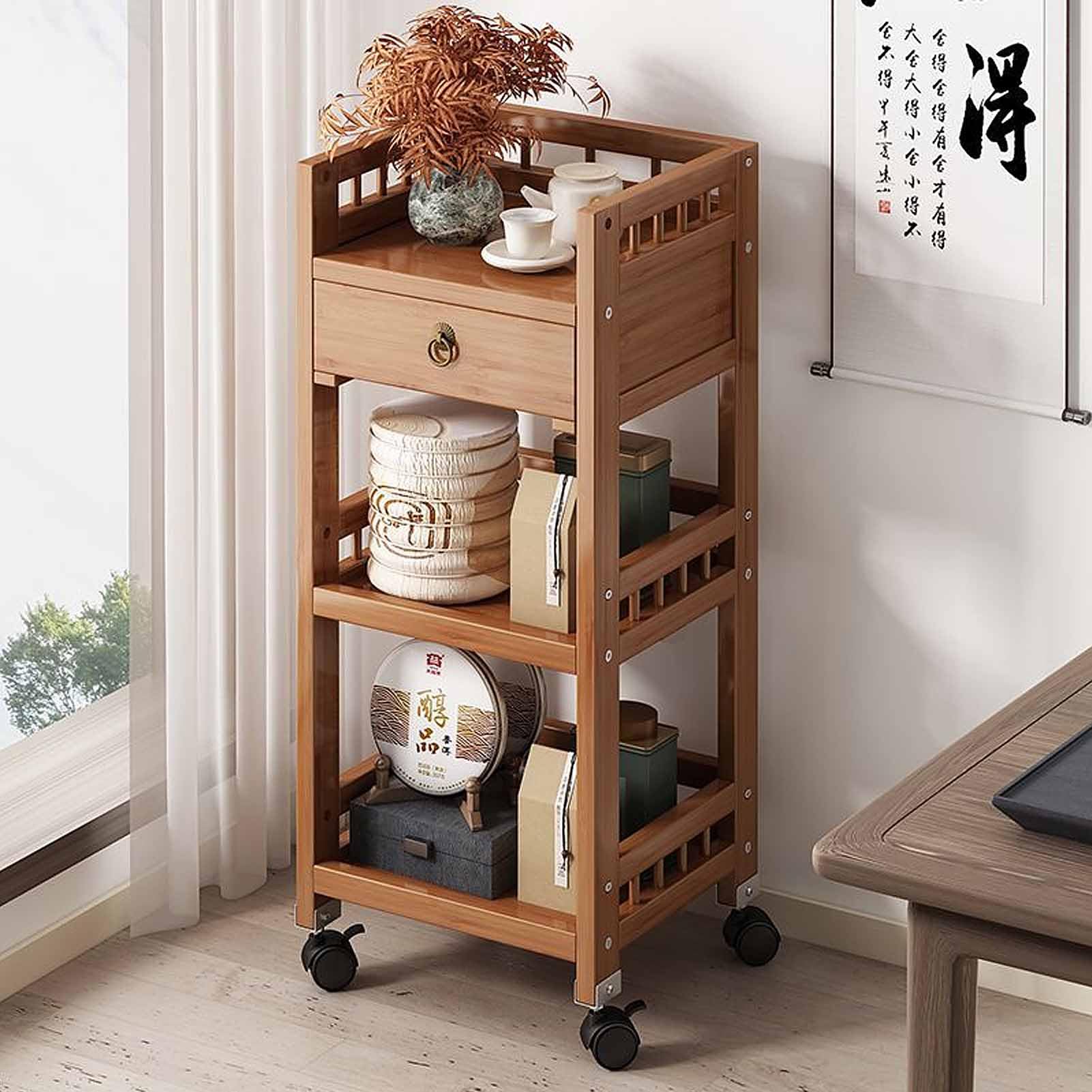asdchZen Bamboo Kitchen Rolling Cart - Multi-Layer Utility Trolley With Removable Shelves & Wheels For Easy Storage Nization And Mobility In Home Or Office