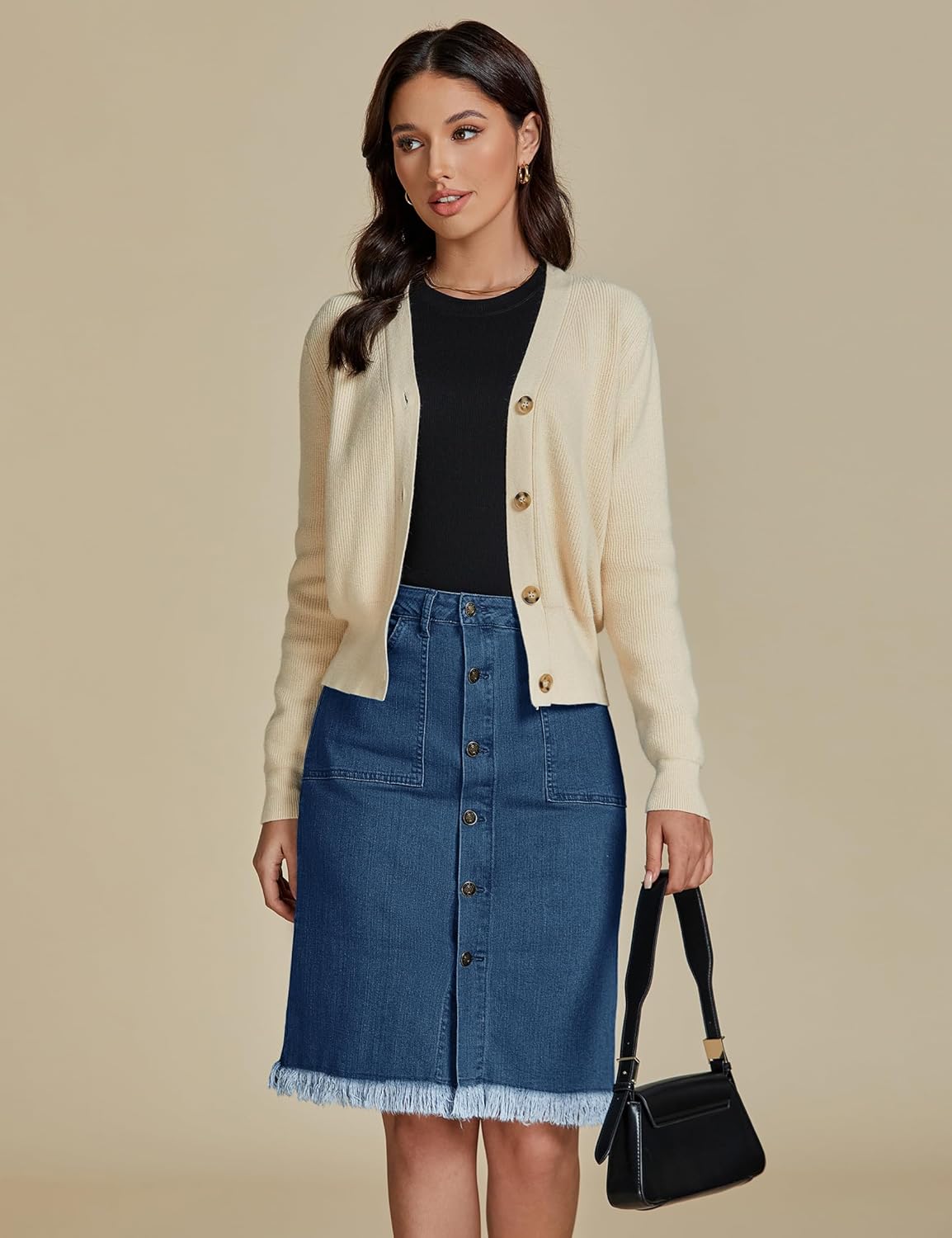 luvamia Women's Casual Mid Rise Button Down Frayed Raw Hem Denim Jean Midi Skirt - Image 8