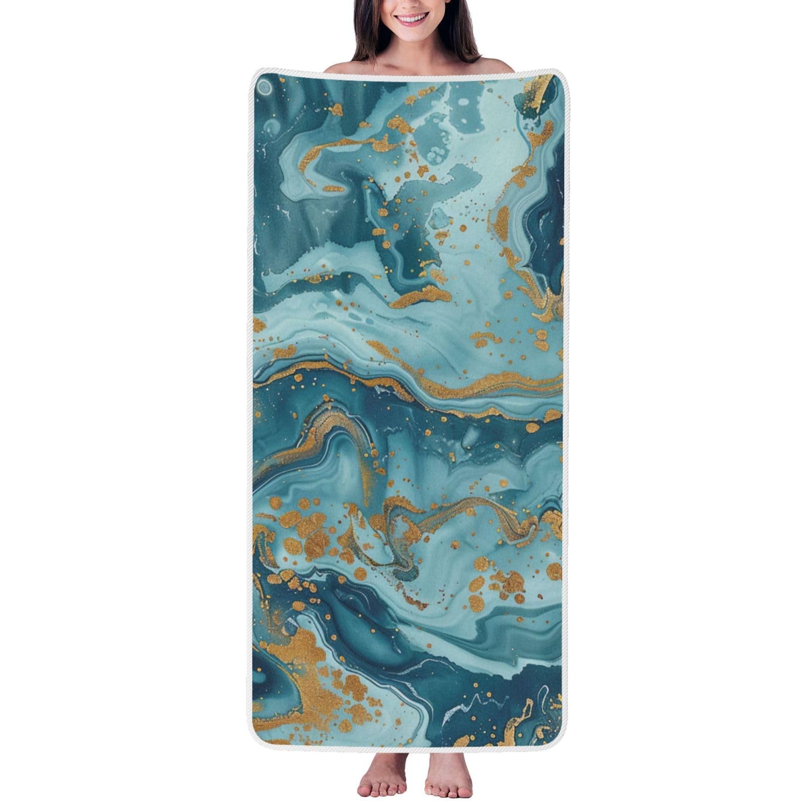 WPKJU Azurite Teal and Foil Gold Oil Marble Pattern Printed Bath Towel with White Edging - 27x55 in Soft Extra Absorbent Coral Velvet Shower Towels for Bathroom