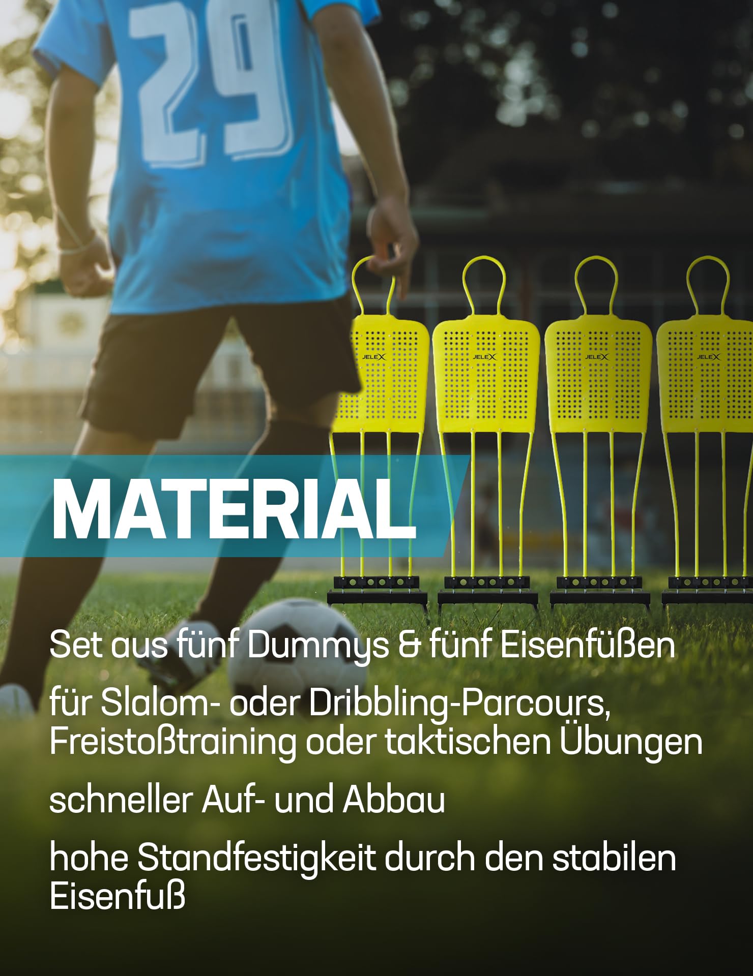 JELEX Defender Freistoß-Trainingsdummy 5er-Set, 182 cm hoch, frei stehend, einzeln stellbar, robust und standfest, Sportausrüstung für Fußball, Football