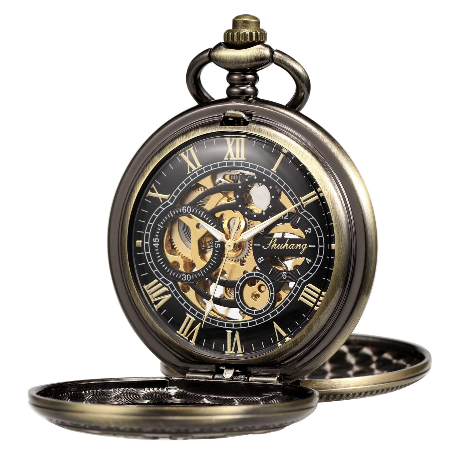 TREEWETO Montre de poche analogique avec chaîne pour homme - Double boîtier - Chiffres romains - Bronze/noir/doré