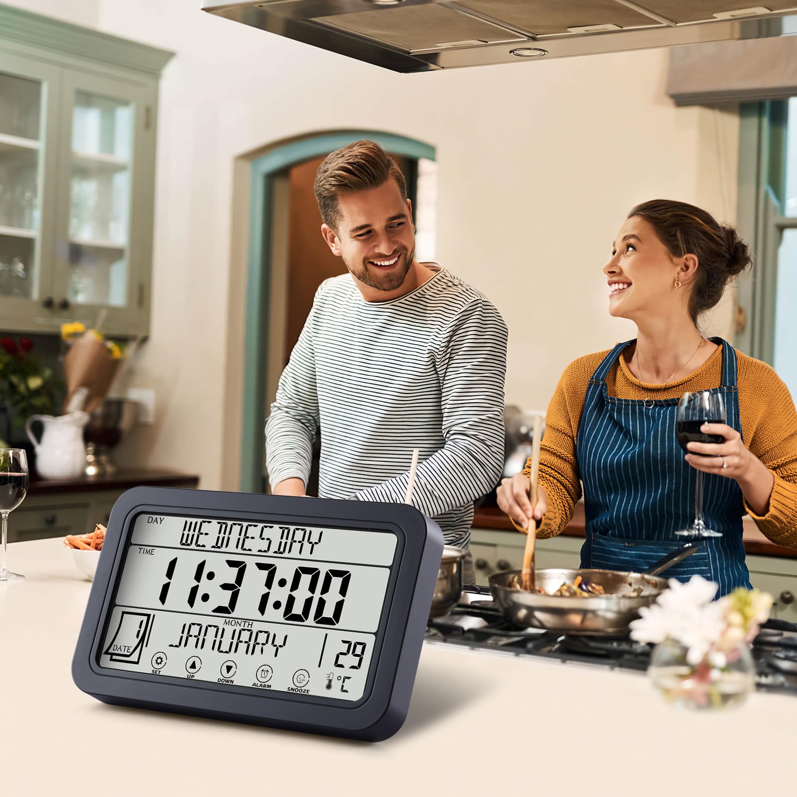 Fuloon Orologio Digitale Calendario Wireless, Grandi Cifre Orologio da Parete con Sveglia e Termometro per Anziani, Orologio Touch Screen Multilingue