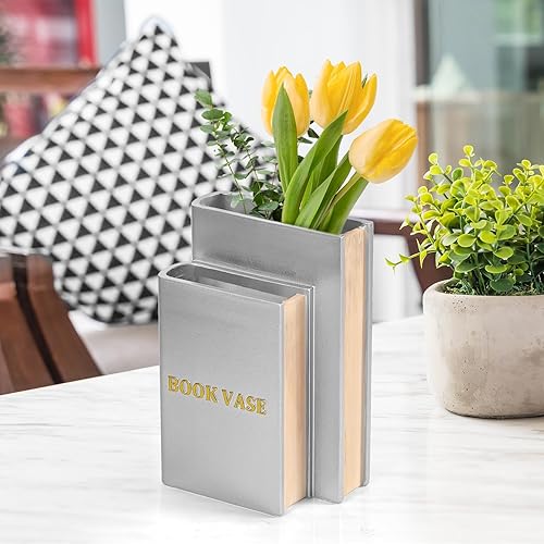 Miniatura 2 de Jarrón de resina con forma de libro para decoración del hogar, 4.5 x 2.75 x 6.7 pulgadas, plateado