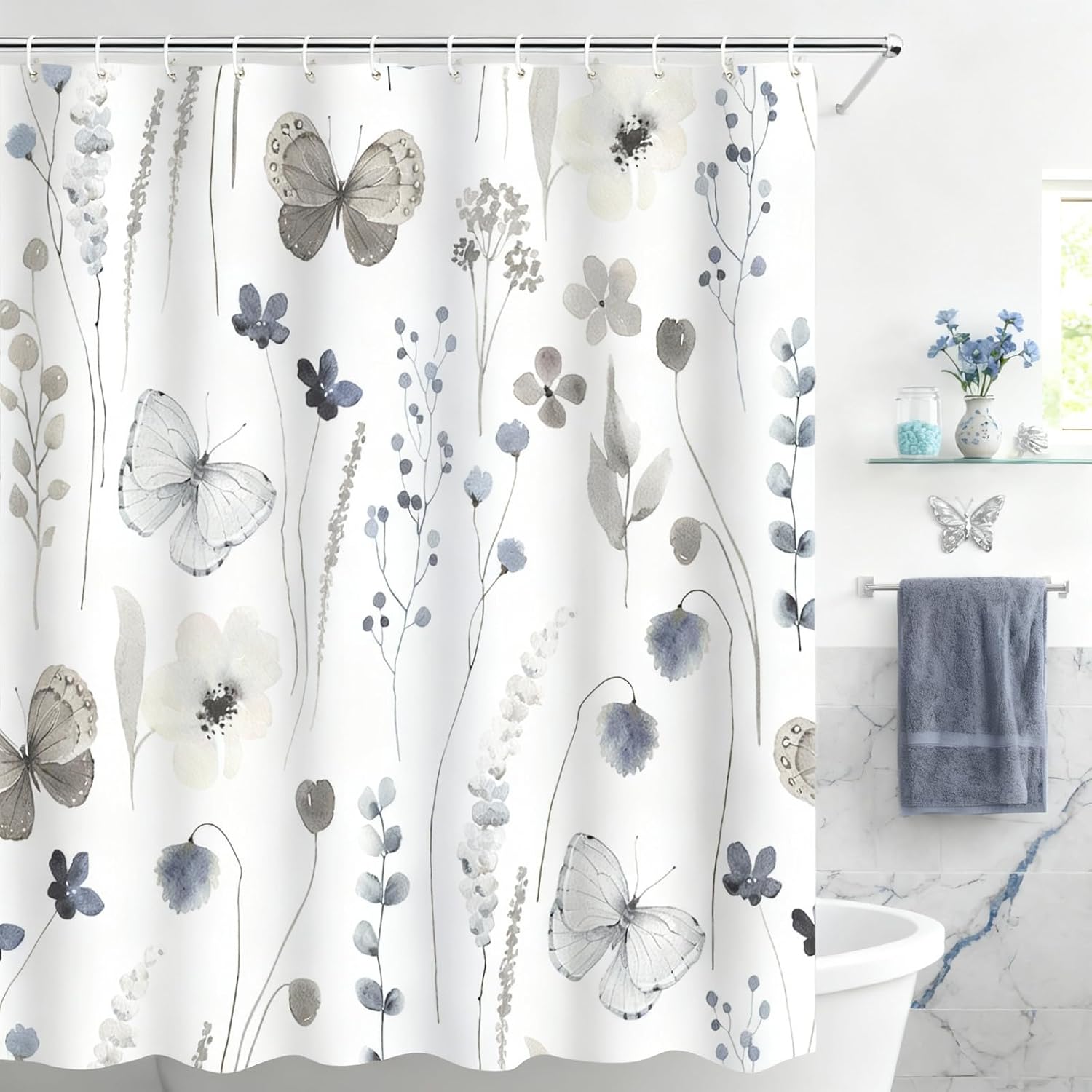 Grey Butterfly Shower Curtain for Bathroom Watercolor Blue Floral and Eucalyptus Leaf Shower Curtains Waterproof Polyester Fabric Bath Curtain 72 x 72 Inch with 12 Hooks