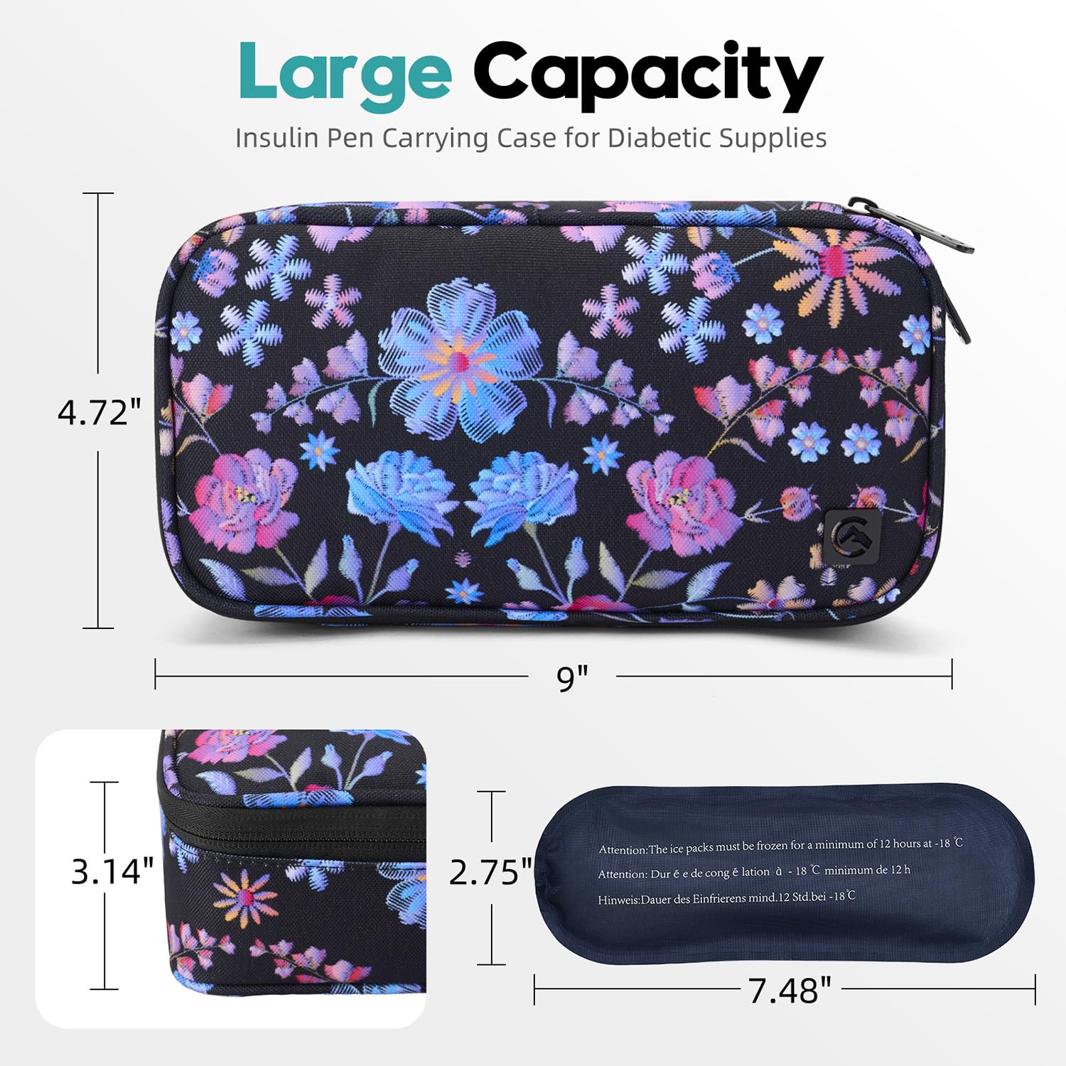 ALLCAMP Insulin Cooler Travel Case Diabetic Medication Cooler with 4 Ice Pack - Medical Cooler Bag Portable and Reusable Flower Pattern (9X 4.72x 3.14 inches)