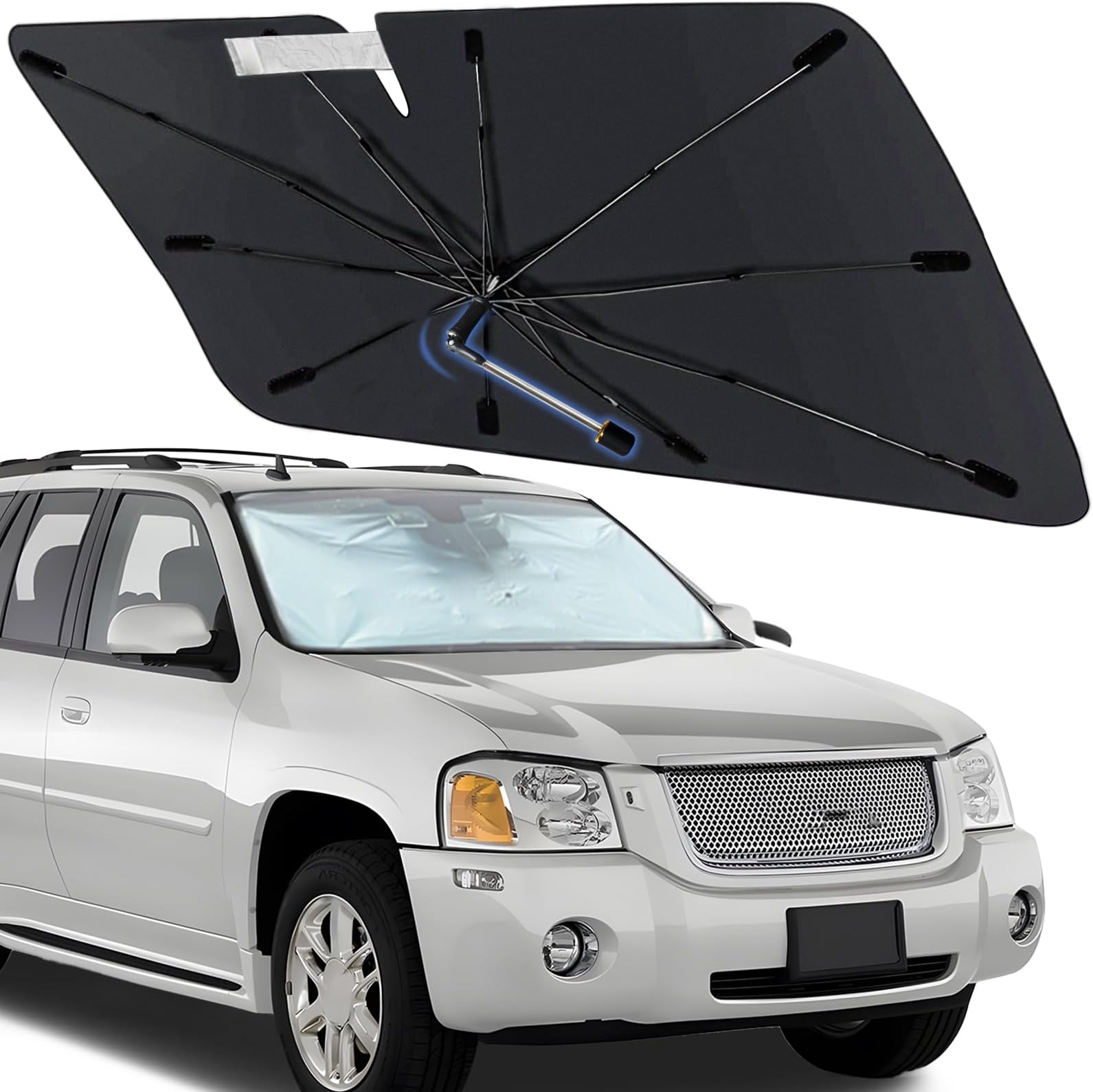 Windshield Sun Shade Umbrella for GMC Envoy 1996-2009, Foldable Car Sunshade for Front Windows with 360° Rotating Shaft, Custom fit Envoy Sun Visor Shield for UV Blocking and Heat Insulation