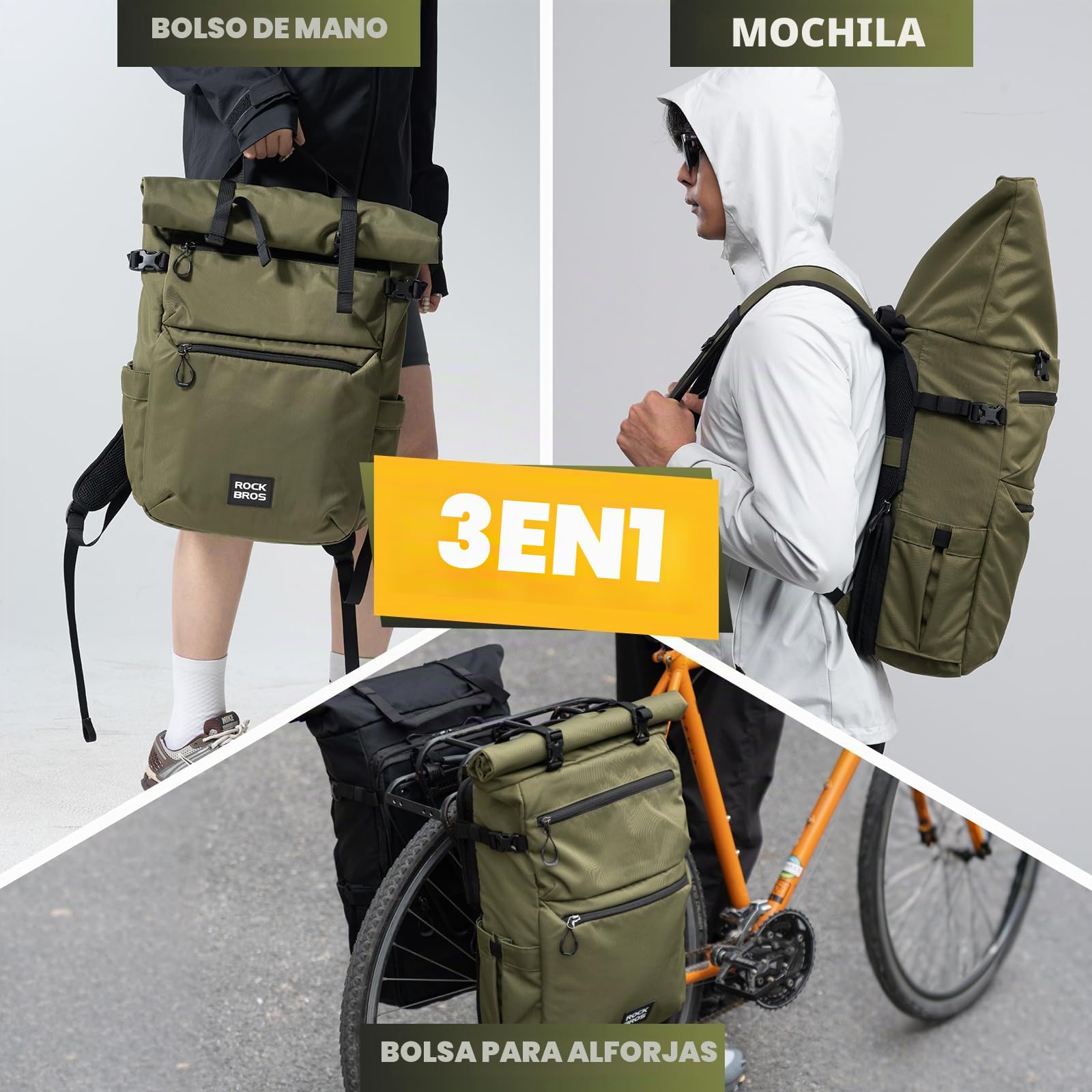 ROCKBROS Bolsa Trasera Multifuncional 3 en 1 para Portaequipajes, Alforja para Bicicleta con Capacidad Expandible 11L-16L para MTB Gravel, Mochila para Viajes y Diario, Verde