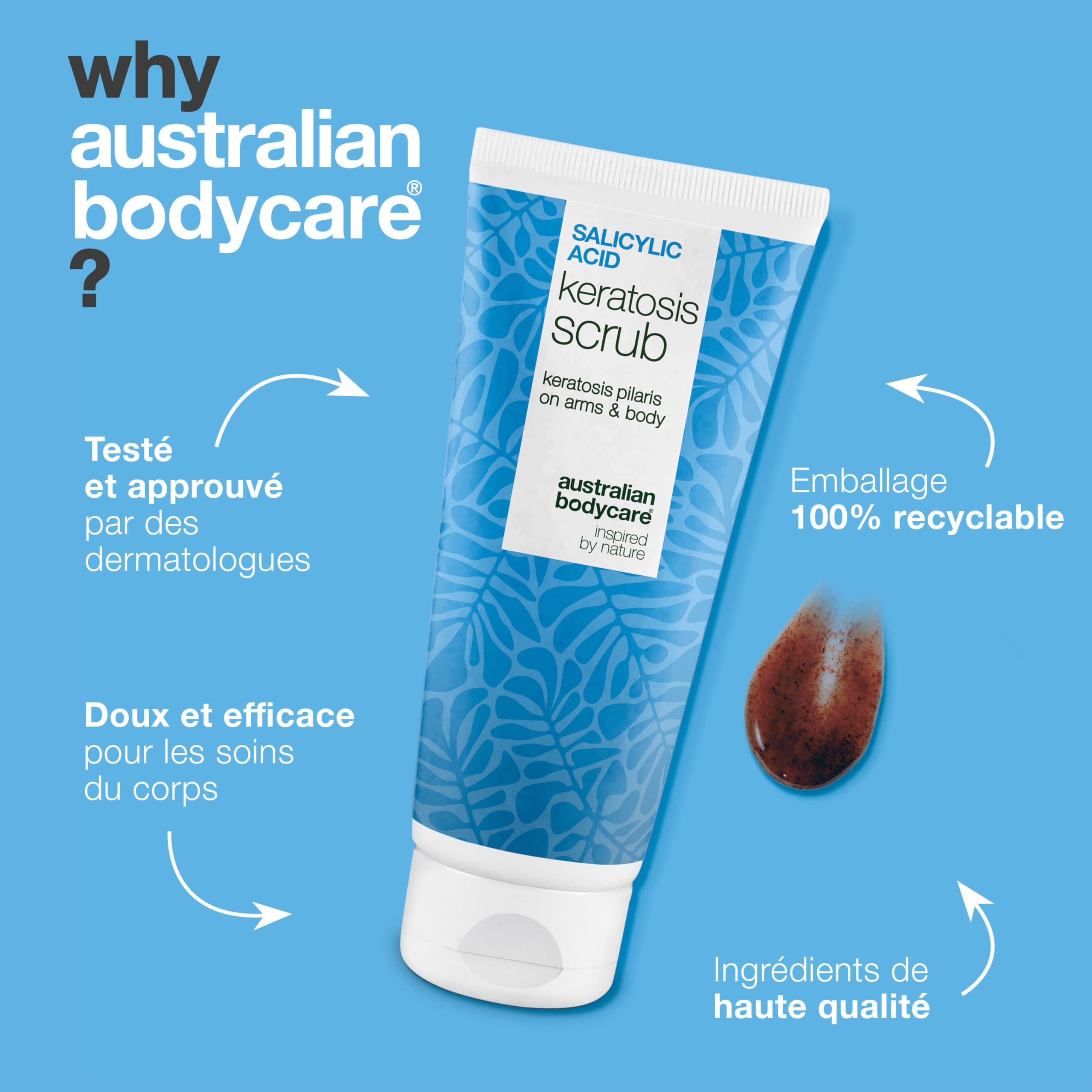 Gommage Corps Exfoliant kératose pilaire traitement, peau de fraise et poils incarnés – peeling chimique (AHA/BHA) + physique à double action à l’acide salicylique, acide glycolique et noyau d’abricot