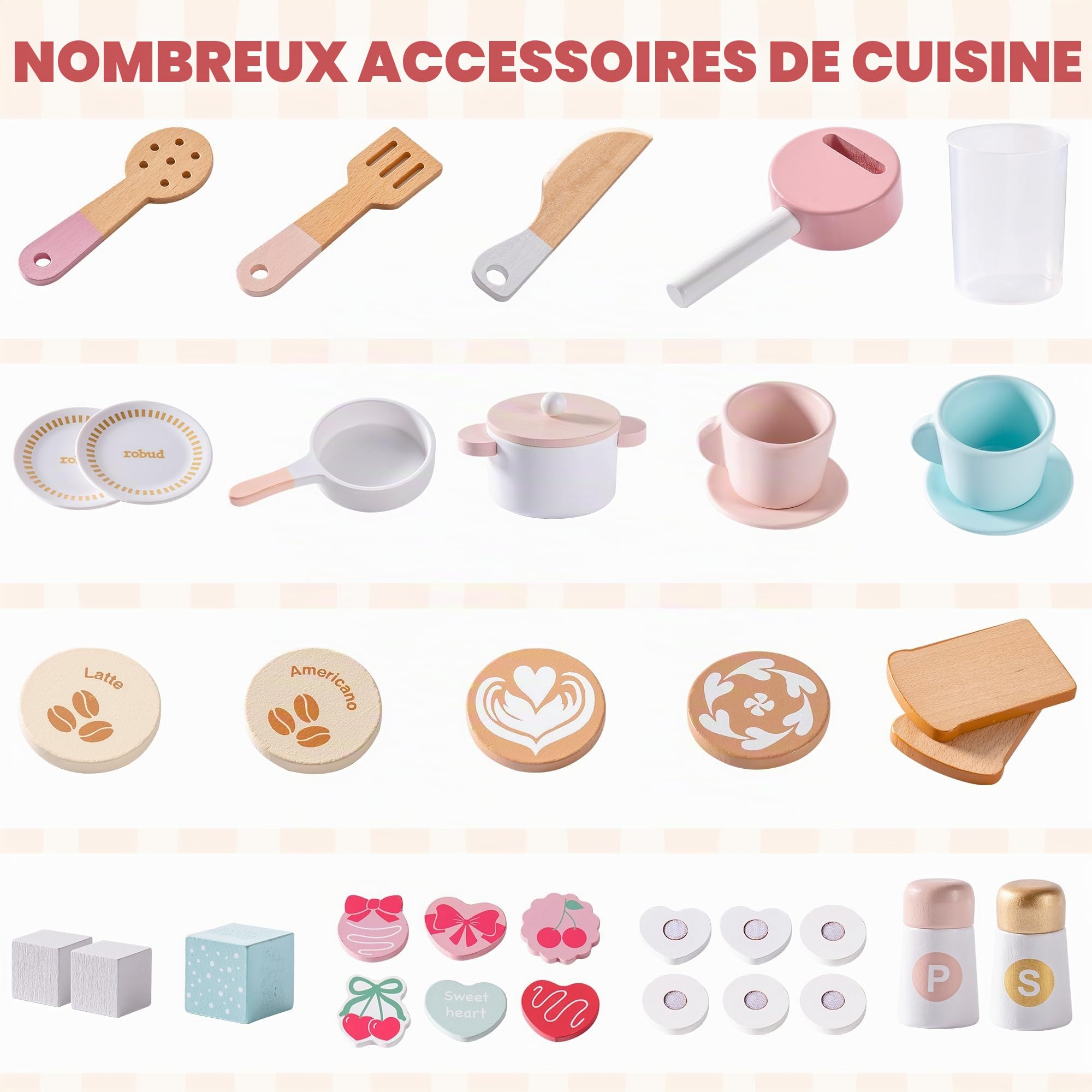 ROBUD Cuisine de jeu en bois pour enfants avec machine à pain, four avec gâteaux, vaisselle, machine à glaçons intégrée, ensemble de cuisine pour garçons et filles à partir de 3 ans, rose