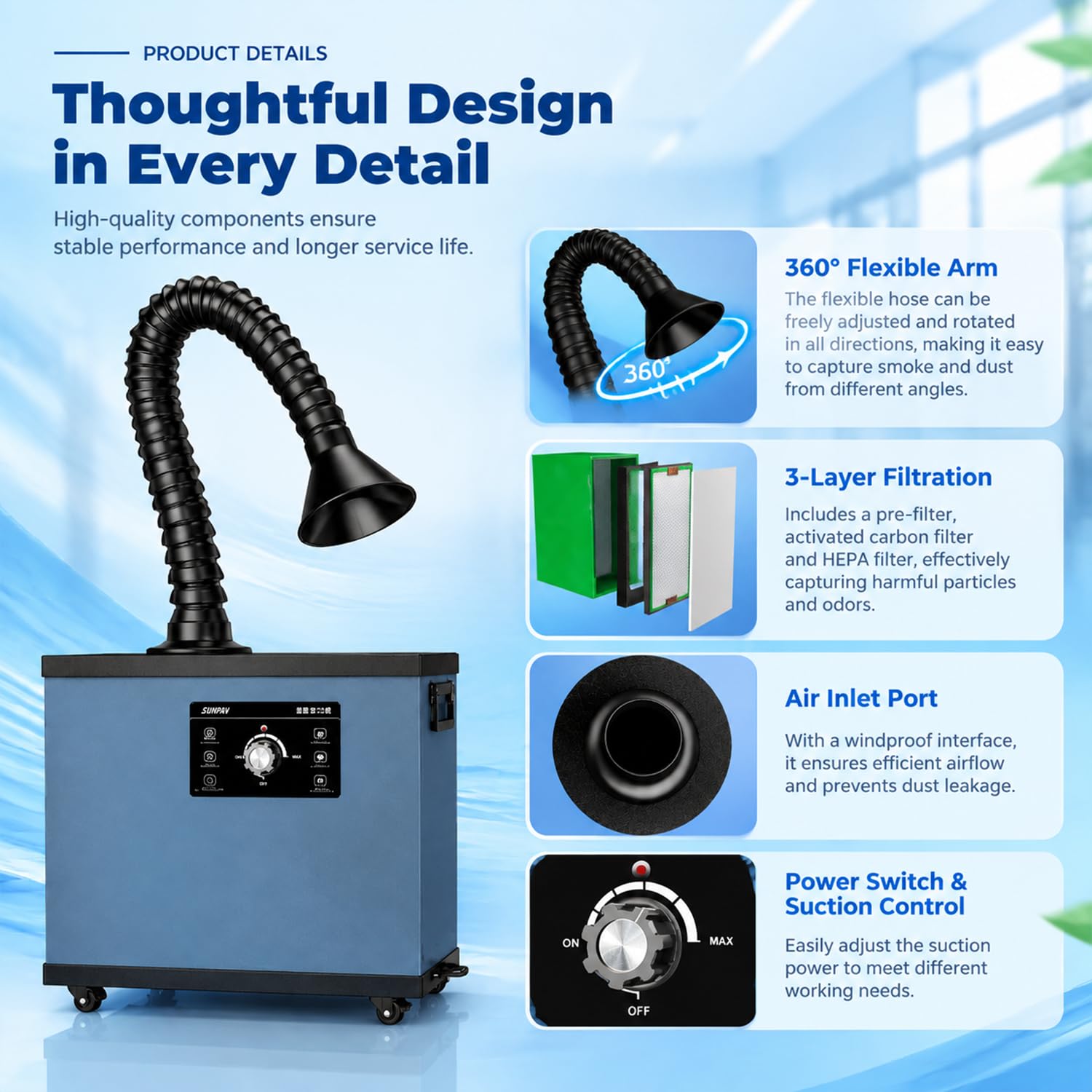 Extracteur de fumées Industriel, purificateur de fumées de soudage, Filtration en 3 étapes, débit d'air de 310 m³/h, Tuyau de 1,4 m pour réparation électronique et Gravure Laser W-R