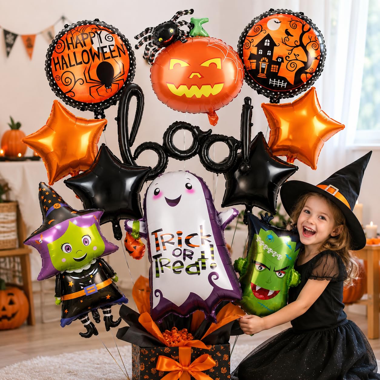 10 Stück Boo Ballon Set, XXL Geist Spinne Kürbis Hexe Monster Folienballon Mit Orange Schwarz Stern Rundes Halloween Party Deko Luftballon für Kinder Happy Nacht Party Dekoration