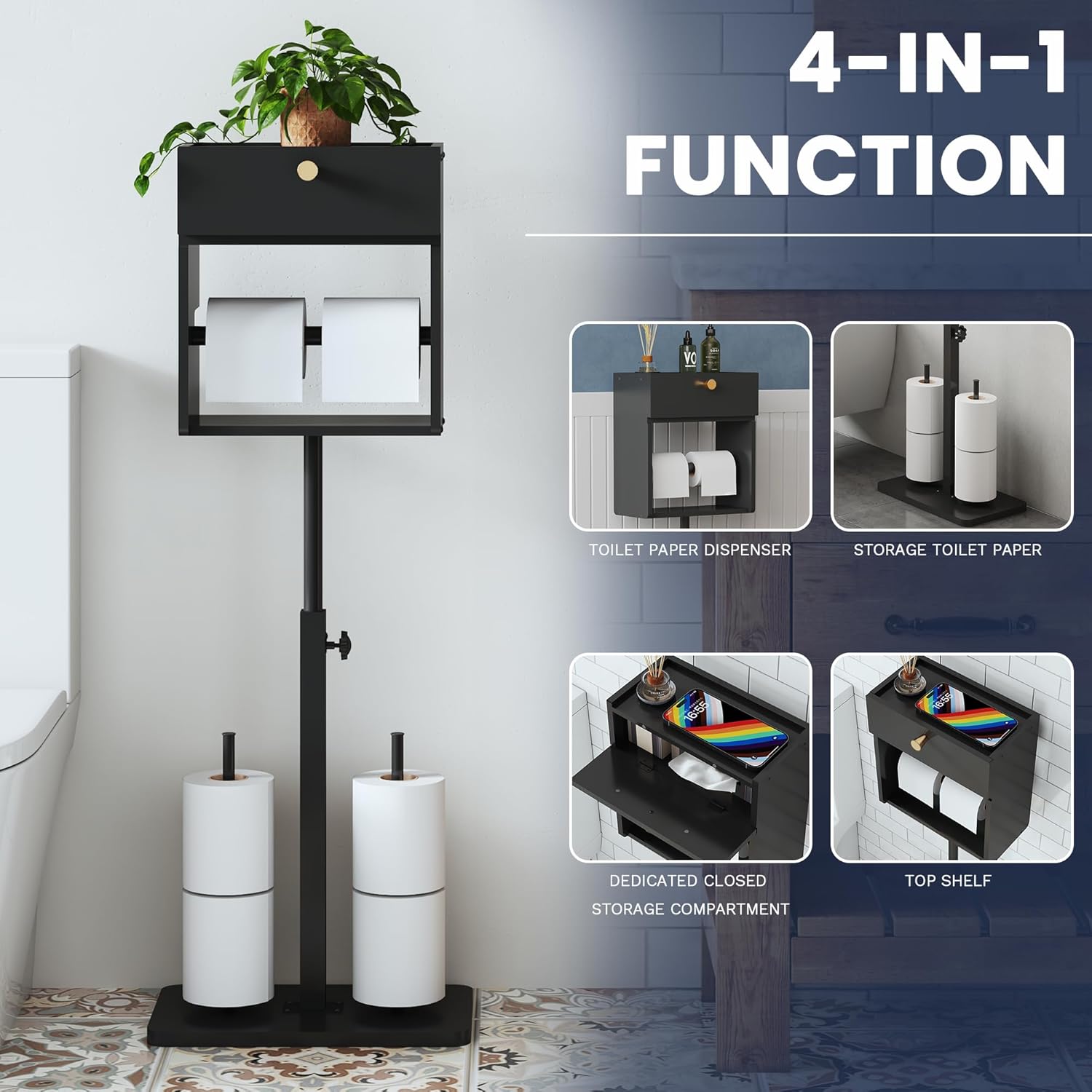 NiHome Freestanding Toilet Paper Holder with Adjustable Height, Large Capacity Storage for 6 Rolls, Platform Shelf, and Enclosed Storage for Bathroom Essentials - Easy Assembly, No Drilling Required