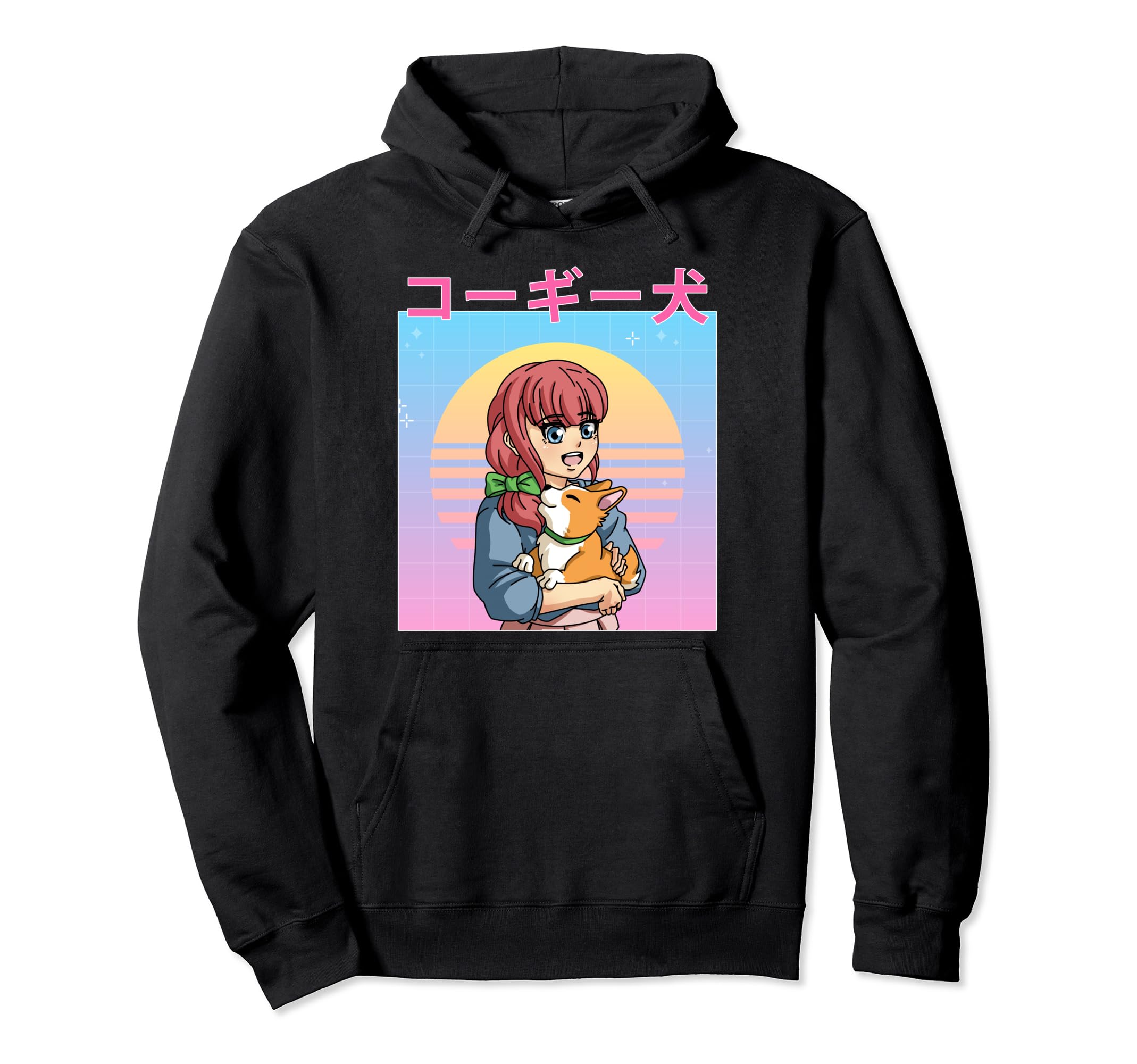 Funny Retro 90s Japanese Kawaii Anime Girl and Corgi Dog Pullover Hoodie, Black