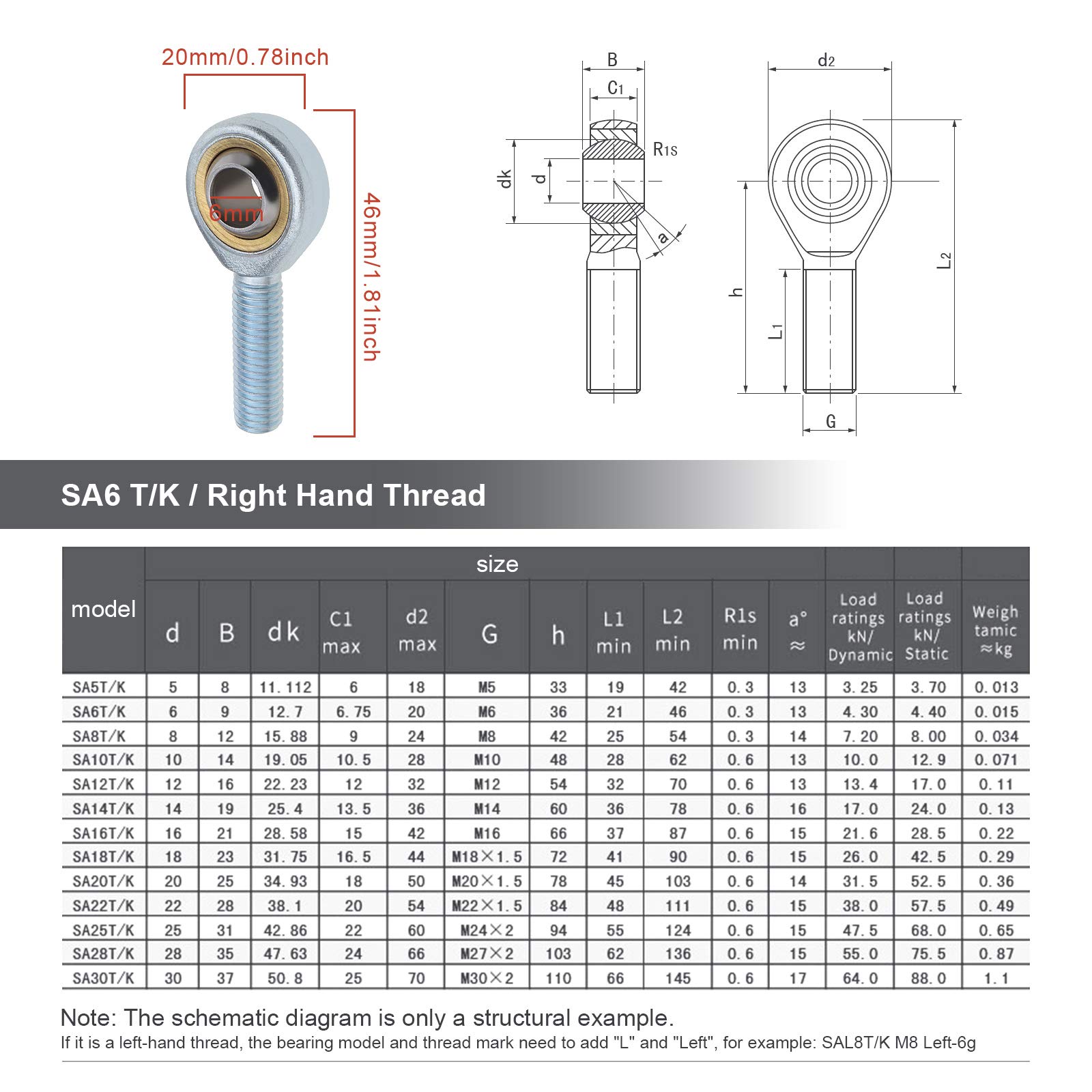 4x SA6 T/K Rose Joint Male Rod End Bearings mano derecha M6x1.0mm Teniendo acero para cilindro hidráulico Forja máquina Amortiguador de choque del coche