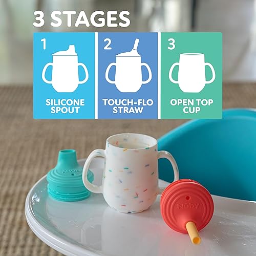 Miniatura 5 de Nuby Juego de vasos de entrenamiento de 3 etapas, vaso de silicona con boquilla y pajita, 4 onzas, más de 6 meses, coral y chispas