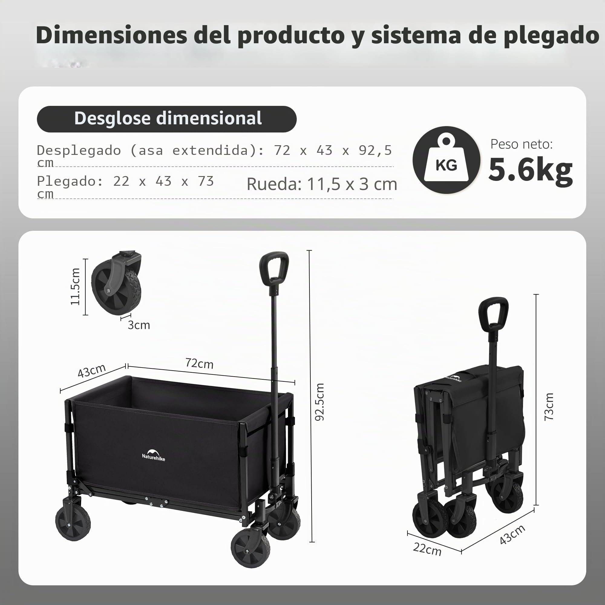 Naturehike 120kg Carro Playa Plegable con Ruedas Grandes, Carrito Camping Transporte para Jardín, Gran Vagón Plegable con Manija Ajustable & Bolsillos
