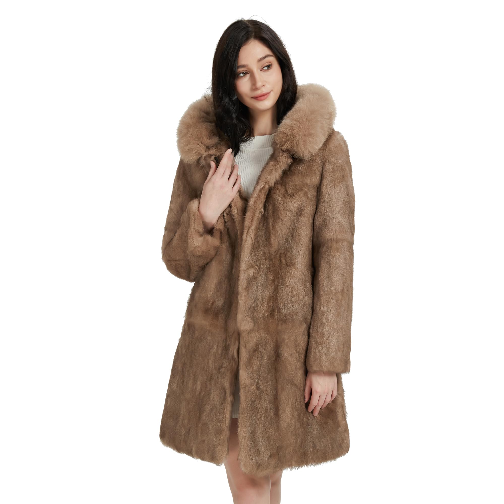 Fur Story Women's Genuine Rabbit Fur Coat Fuzzy Warm Fur Jacket Winter Outware
