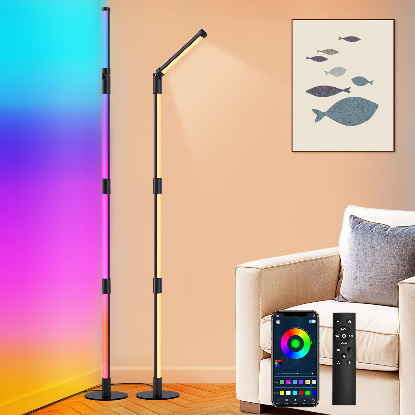 Fortand Lámpara de Pie LED, RGBW Lámpara de Pie Regulable Salon Lampara Esquina LED con Remoto y APP, Giratorio 360° y Extraíble, 16 Millones de Colores, Sincronización Musical y Temporizador, 160CM