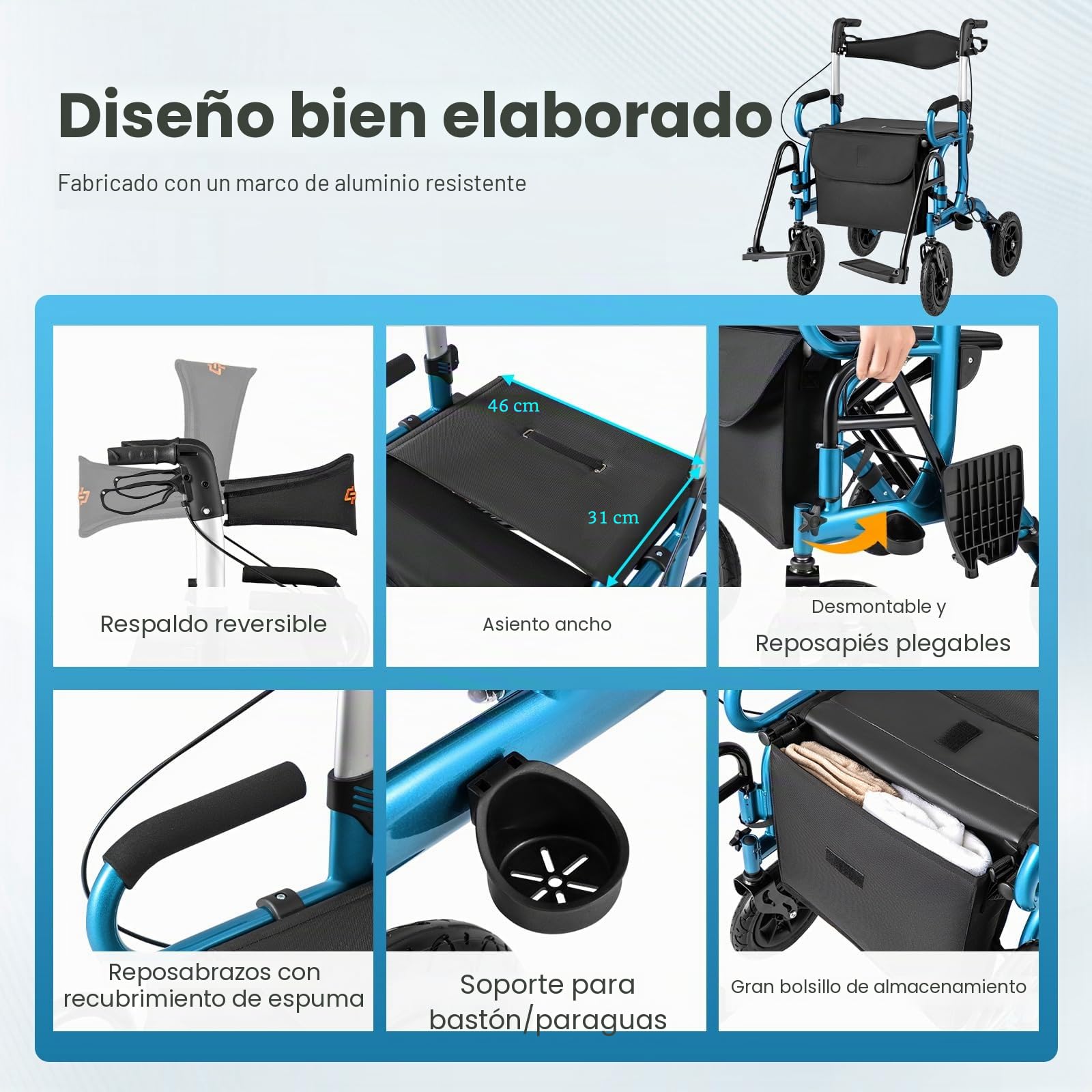 FANTASK Andador 2 en 1 para silla de ruedas y de viaje, de aluminio con diseño plegable, color negro con sistema de ajuste de altura, silla de ruedas con bolsa y soporte para bastones (azul)