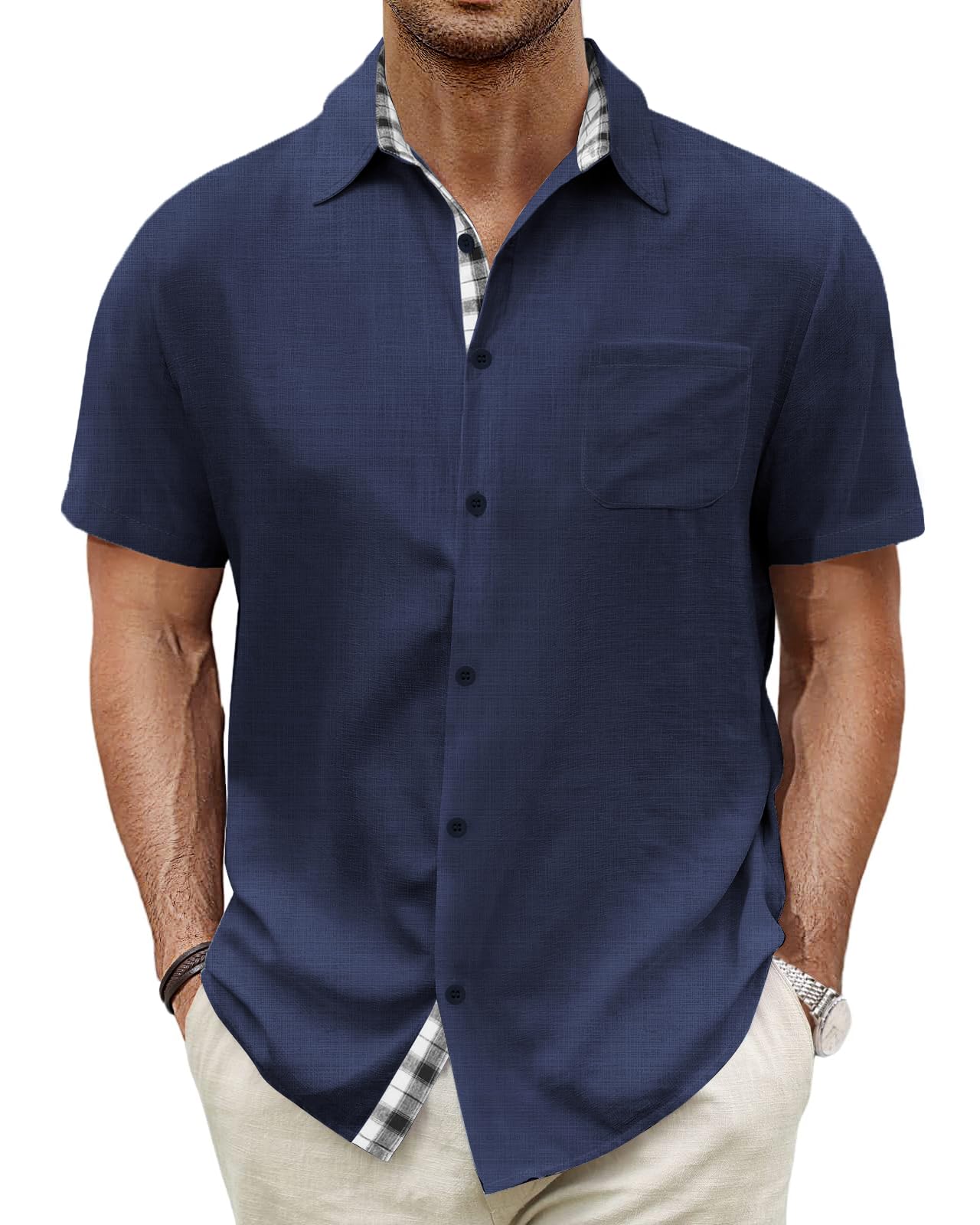 HMIYA Herren Kurzarm Hemd 100% Baumwolle Button Down Freizeithemden Sommer Strand Regular Fit Shirt