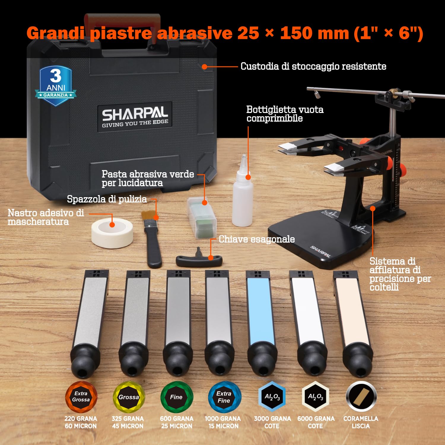 SHARPAL 202H Sistema di Affilacoltelli Professionale – Affilatore ad Angolo Regolabile 10°–35° con 7 Abrasive (Diamante 220/325/600/1000, Cote 3000/6000, Coramella) e Custodia, Regalo Festa del Papà