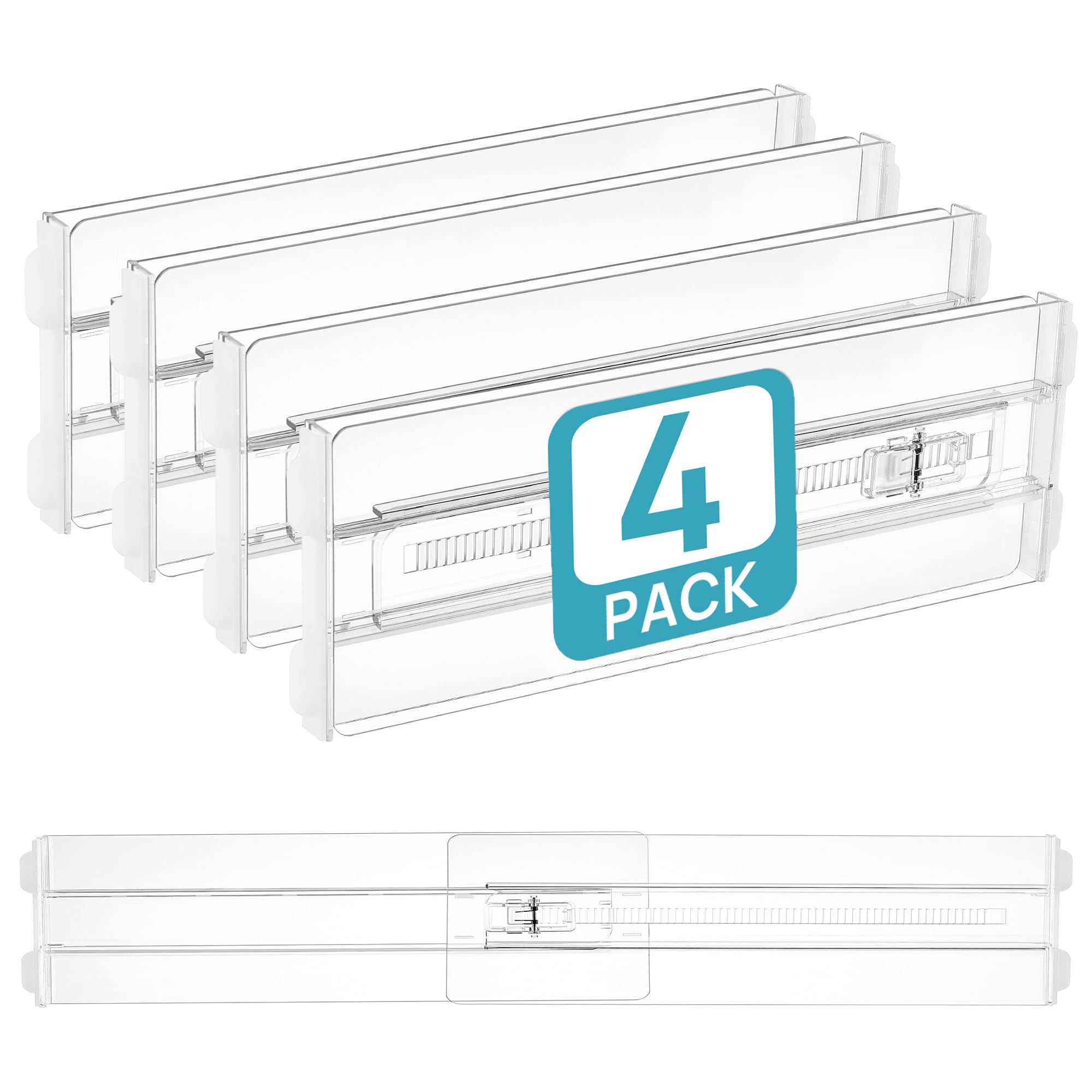 Vtopmart 4 Pack Drawer Dividers for Clothes, 4" High 13"-22" Adjustable Expandable Dresser Drawer Organizer, Clear Plastic Separators for Dresser, Baby Clothing, Underwear, Cosmetic, Toiletries