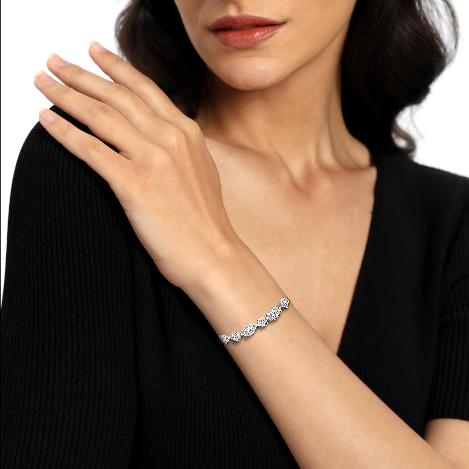 MDFUN Halo Tennis Bracelet for Women 18K White Gold Round and Horse Eye Cubic Zirconias, Size 8.5 inches - Image 6